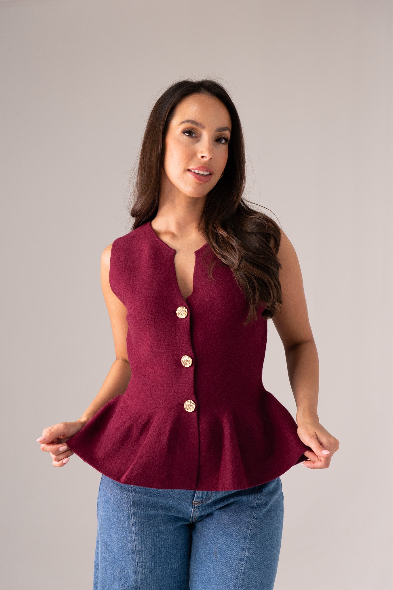 Kendra Peplum Waistcoat In Bordeaux