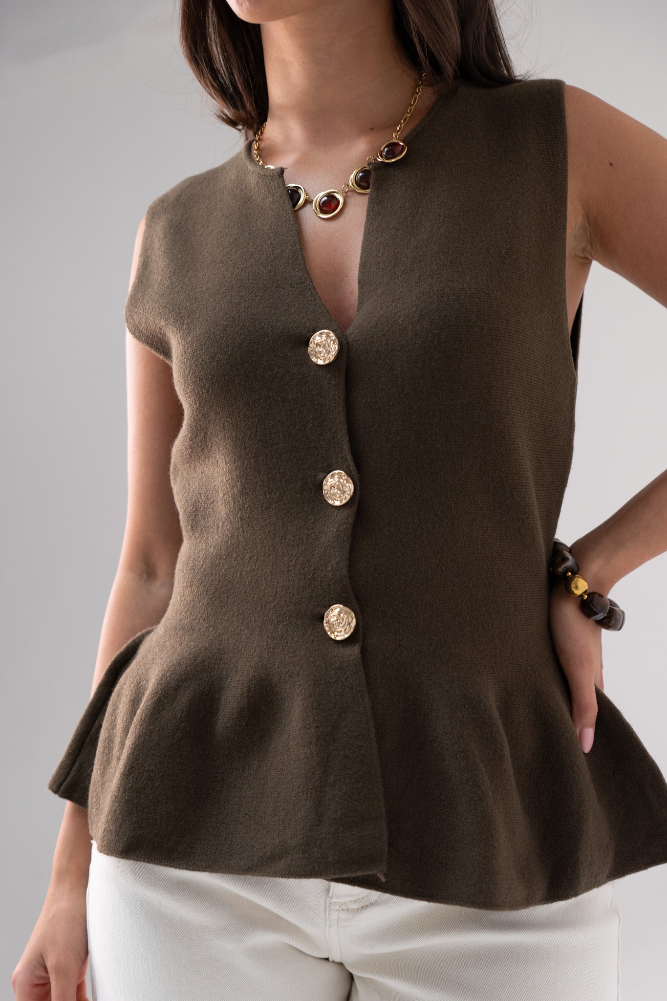 Kendra Peplum Waistcoat In Khaki