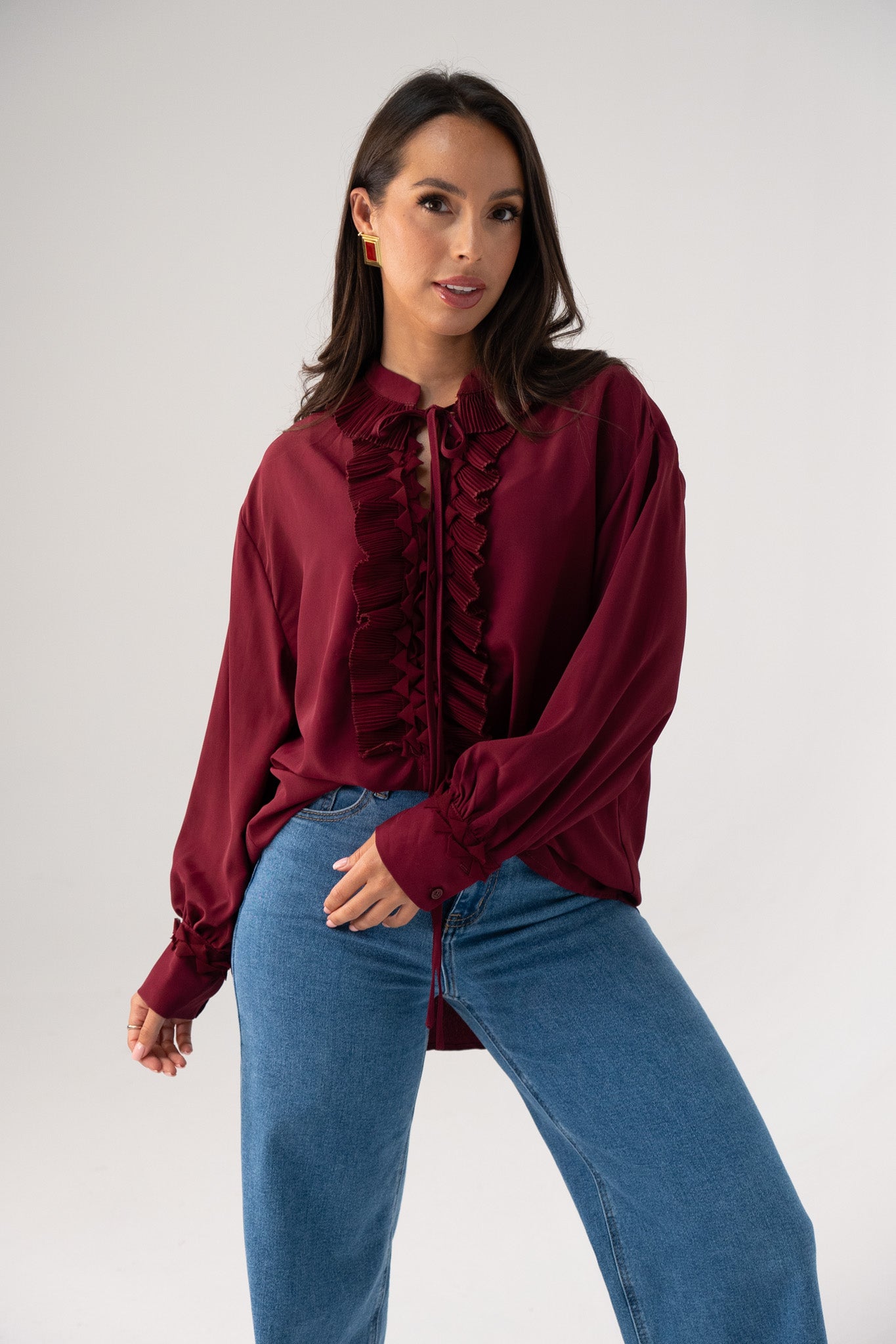 Kendra Tie Neck Ruffle Blouse In Bordeaux