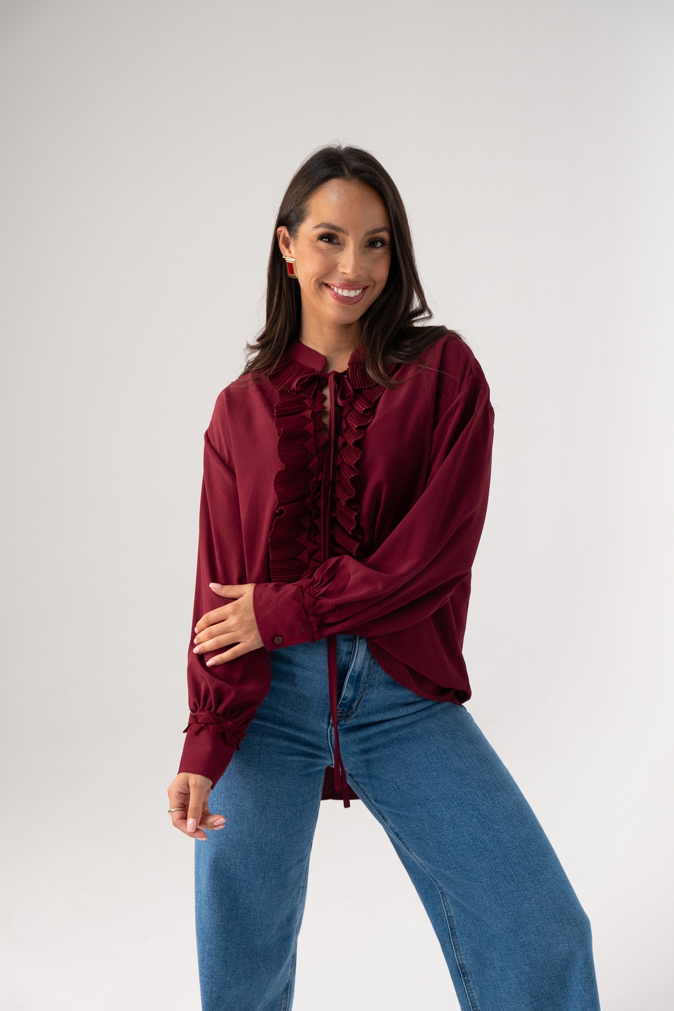 Kendra Tie Neck Ruffle Blouse In Bordeaux