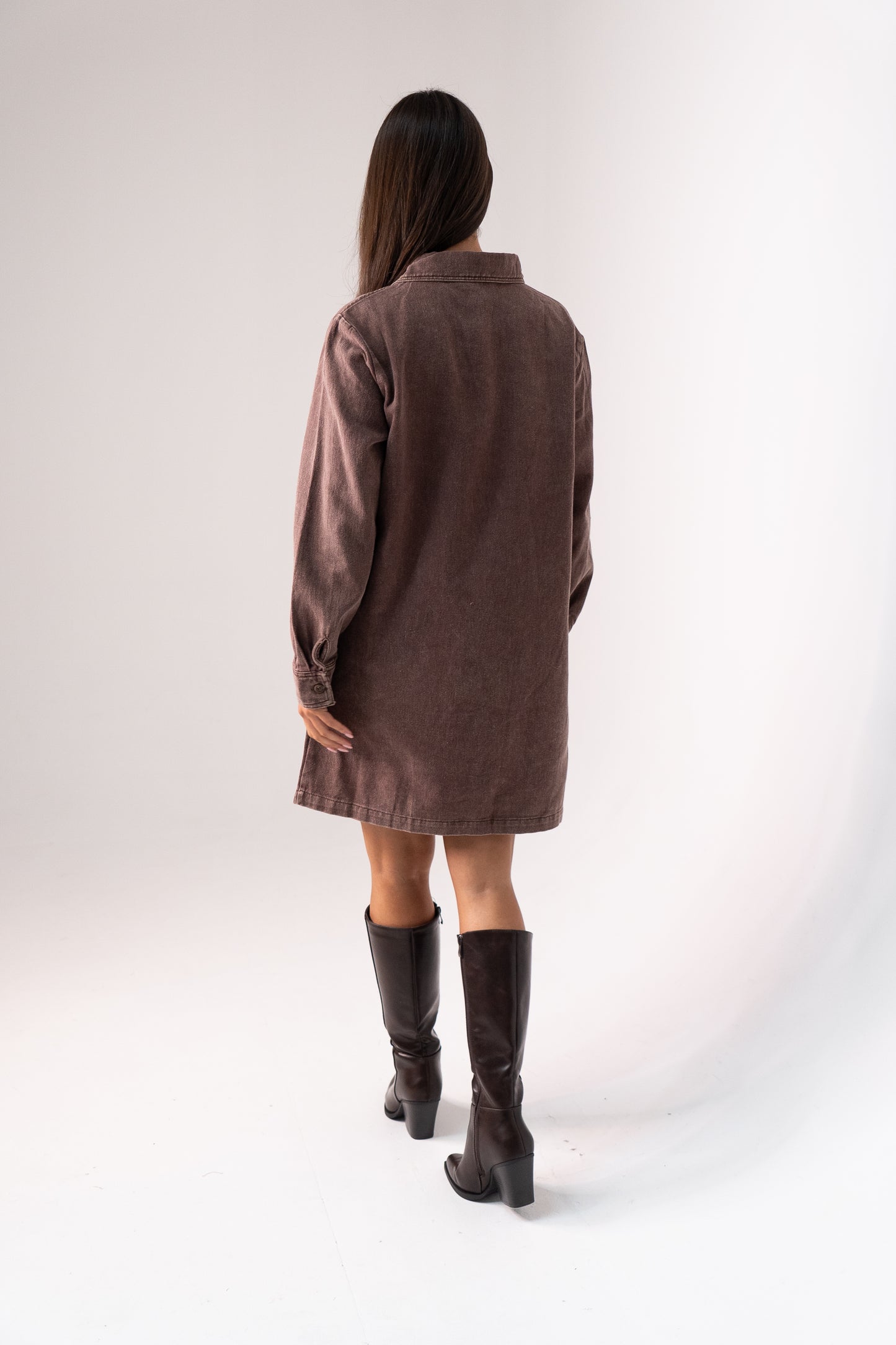 Kendra Long Sleeve Denim Shirt Dress In Chocolate