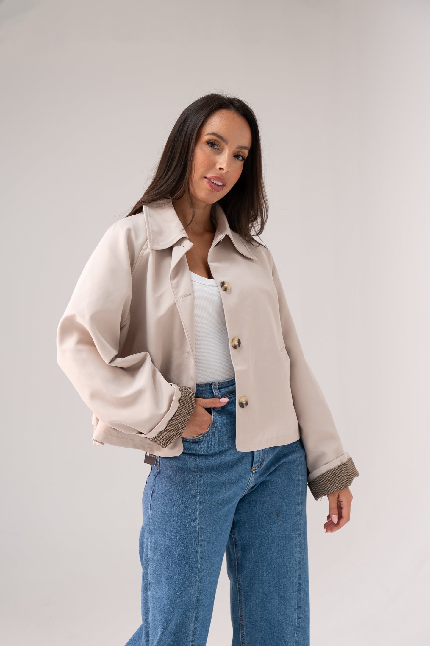 Kiera Contrast Cuff Jacket In Neutral