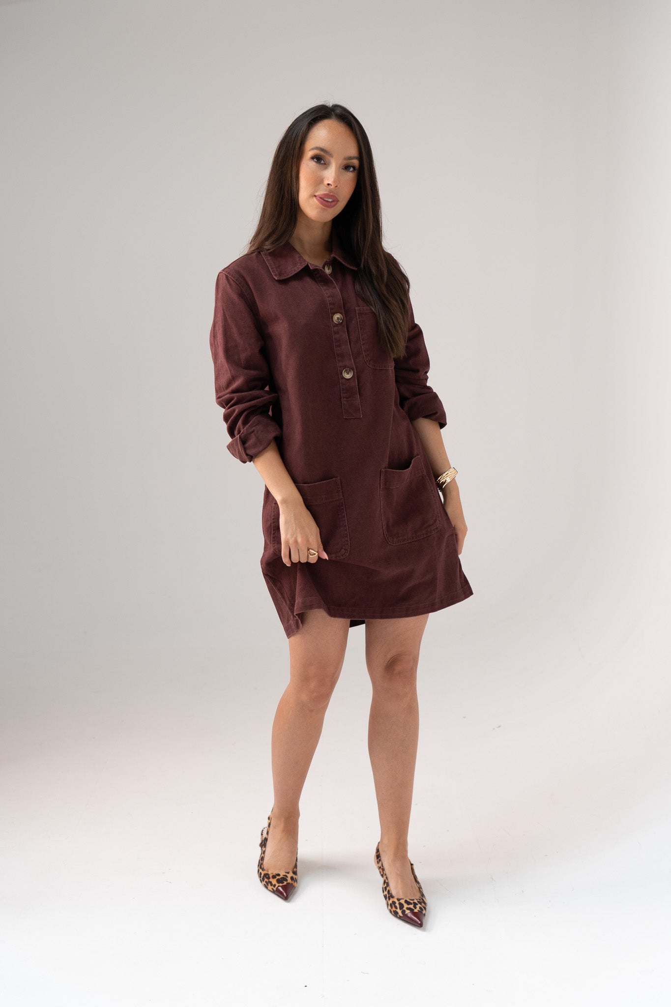 Kiera Denim Shirt Dress In Bordeaux