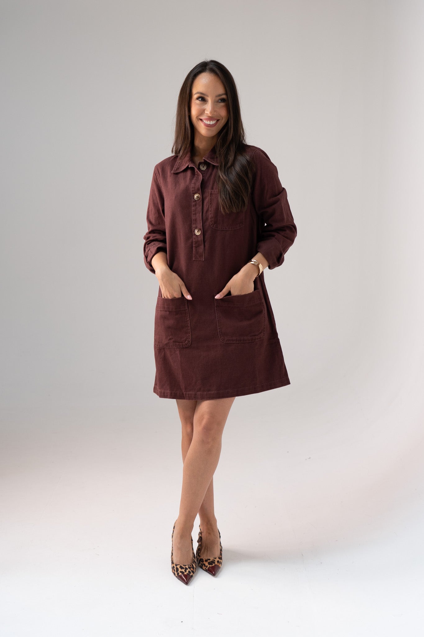 Kiera Denim Shirt Dress In Bordeaux