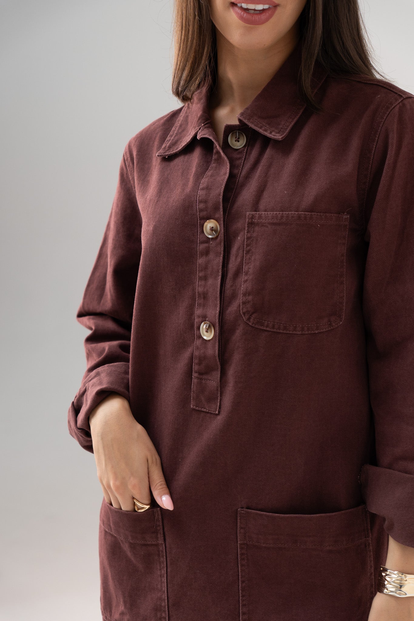 Kiera Denim Shirt Dress In Bordeaux