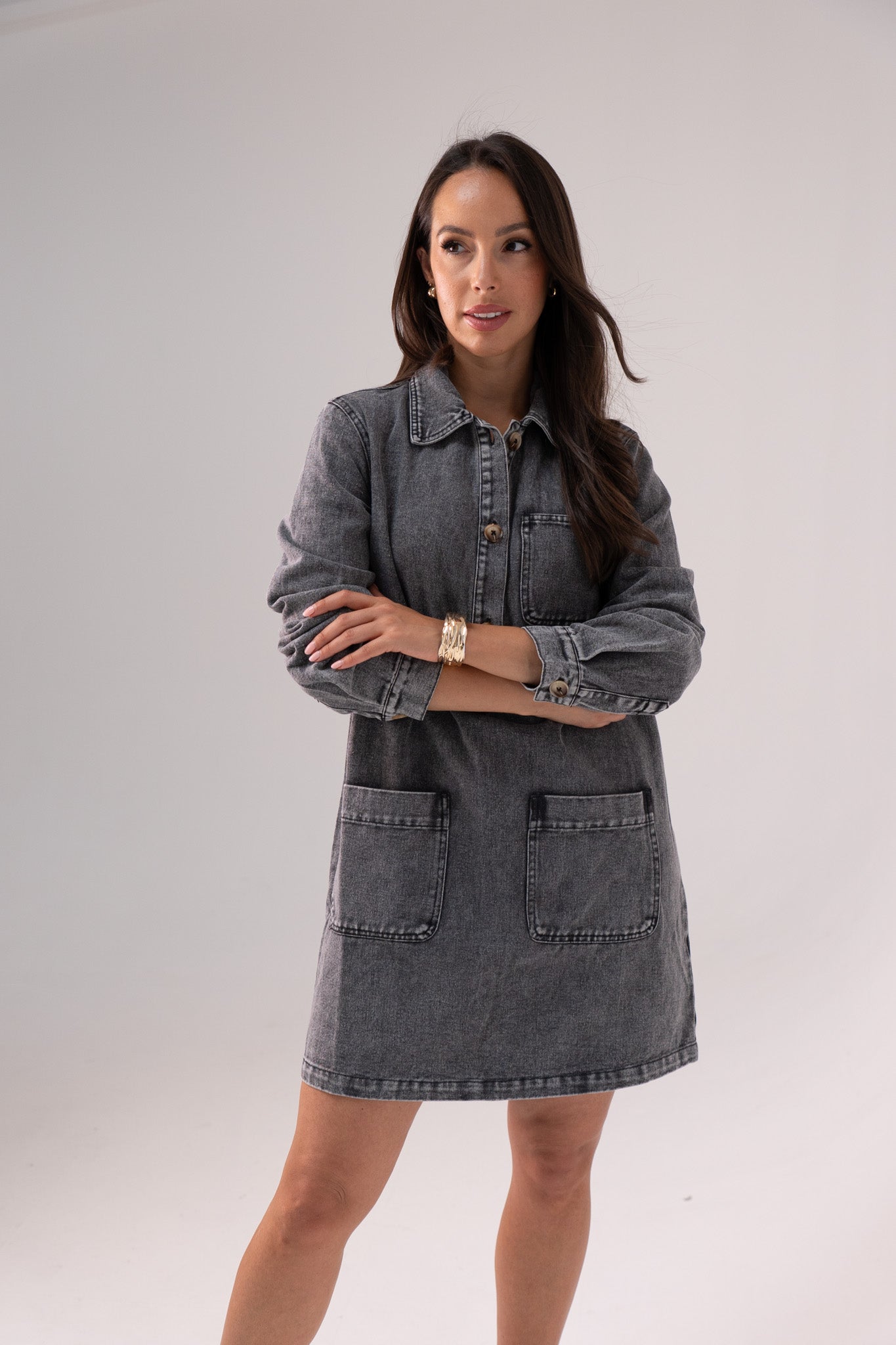 Kiera Denim Shirt Dress In Grey