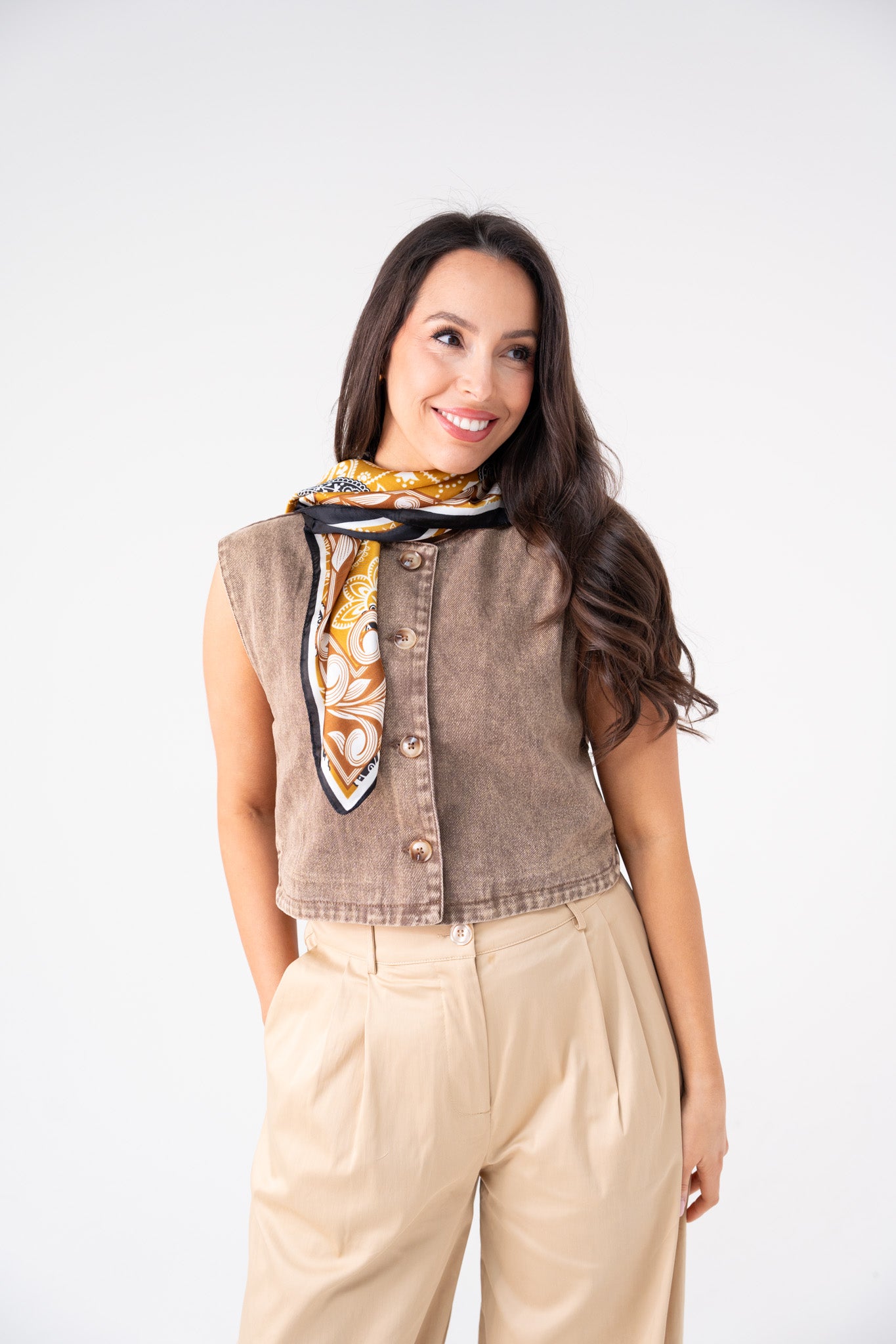 Kiera Denim Waistcoat In Chocolate
