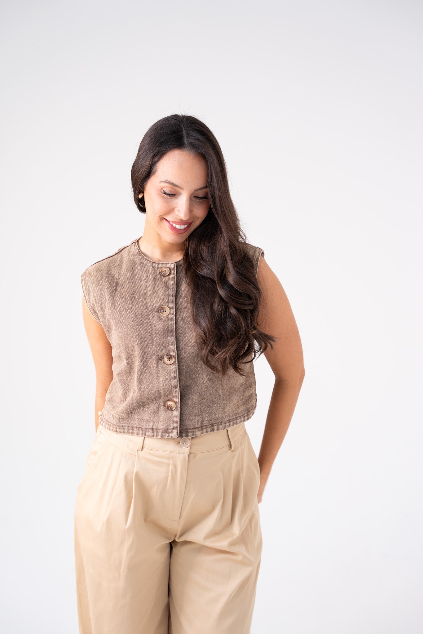 Kiera Denim Waistcoat In Chocolate