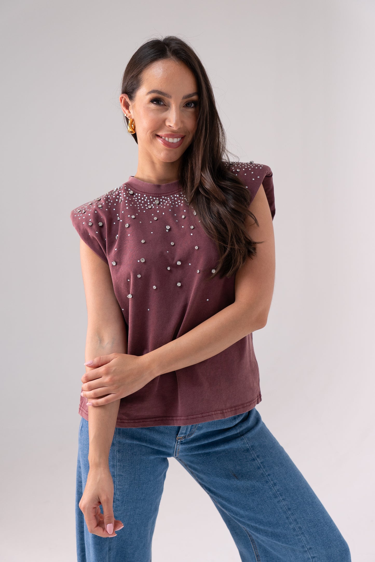 Kiera Embellished Sleeveless Top In Bordeaux