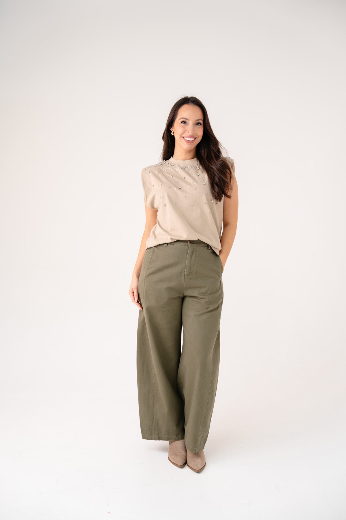 Kiera Embellished Sleeveless Top In Taupe