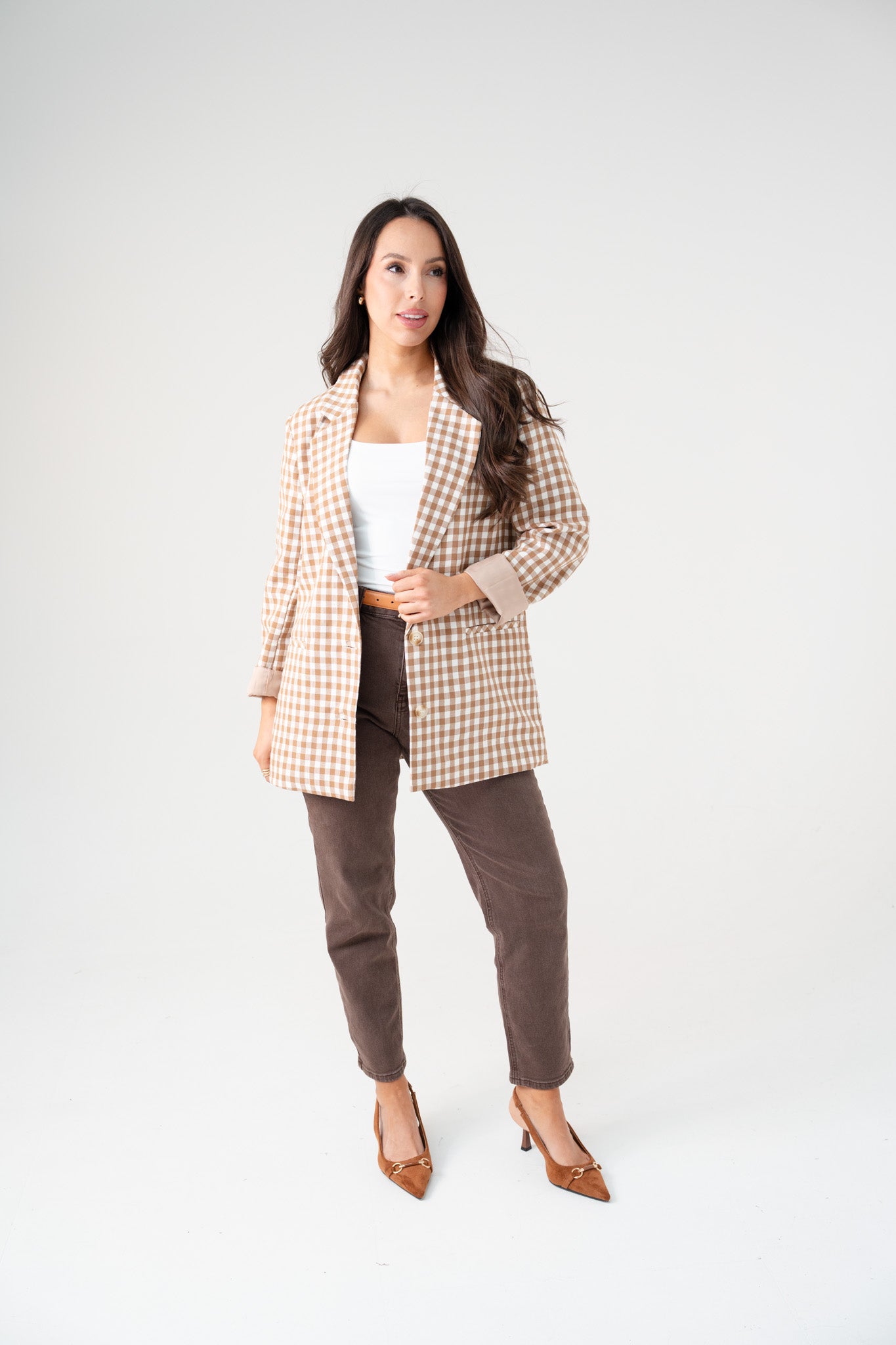 Kiera Gingham Blazer In Coffee