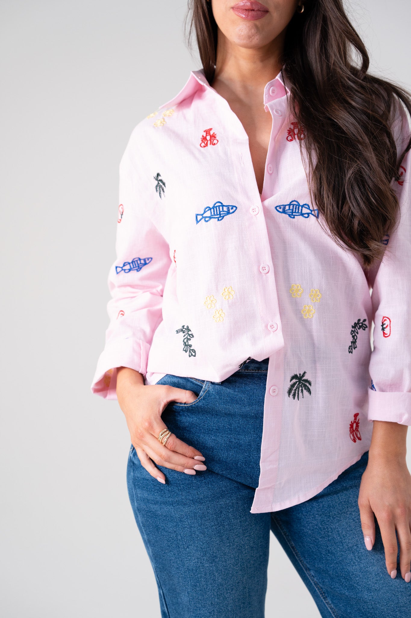 Kiera Multi Embroidered Shirt In Pink