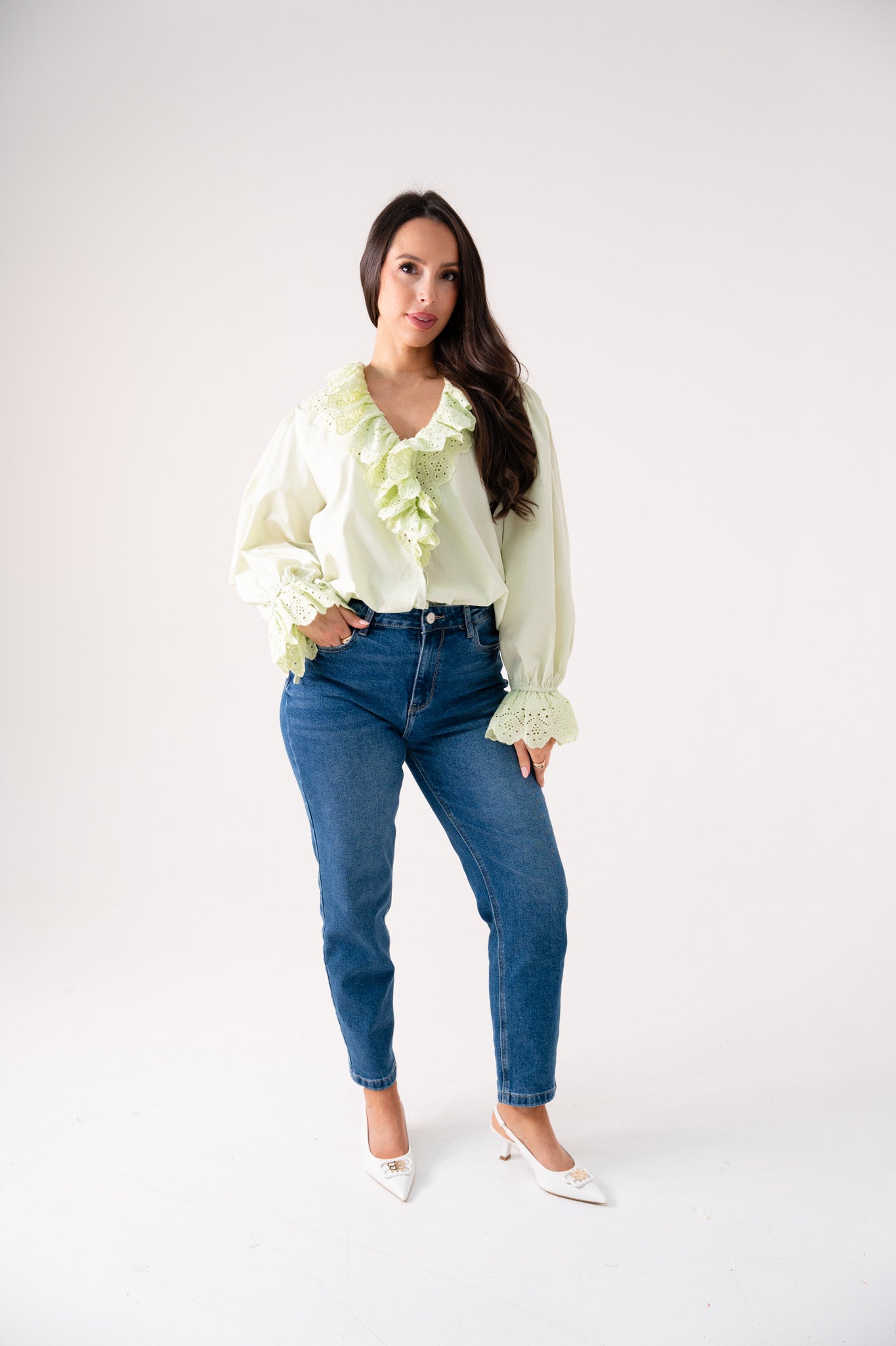 Kiera Ruffle Front Blouse In Green