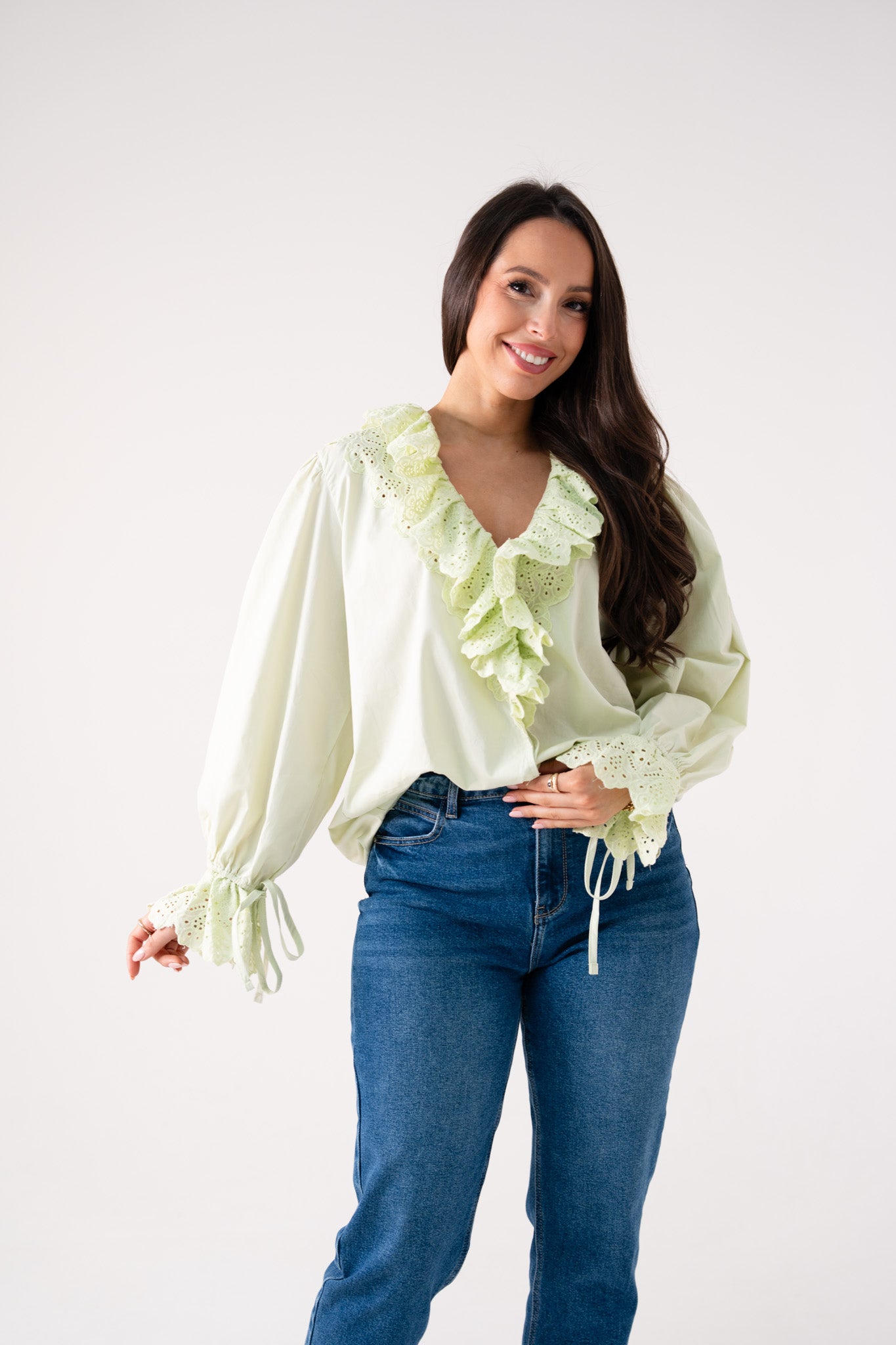 Kiera Ruffle Front Blouse In Green