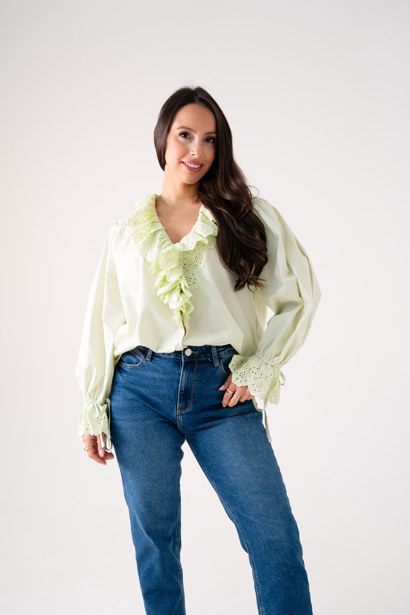 Kiera Ruffle Front Blouse In Green