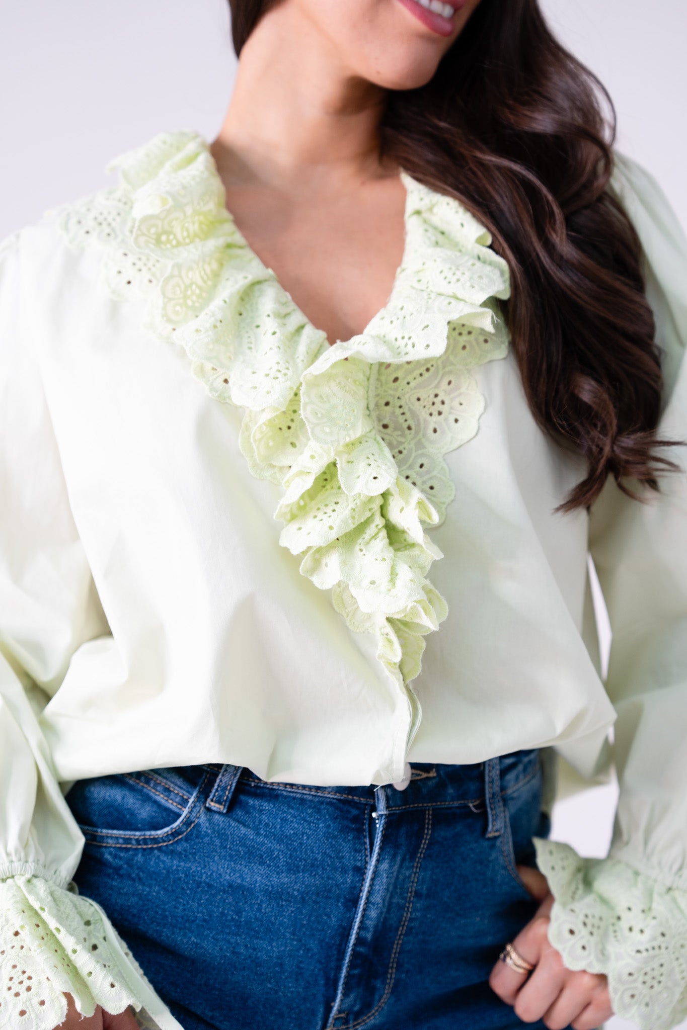 Kiera Ruffle Front Blouse In Green