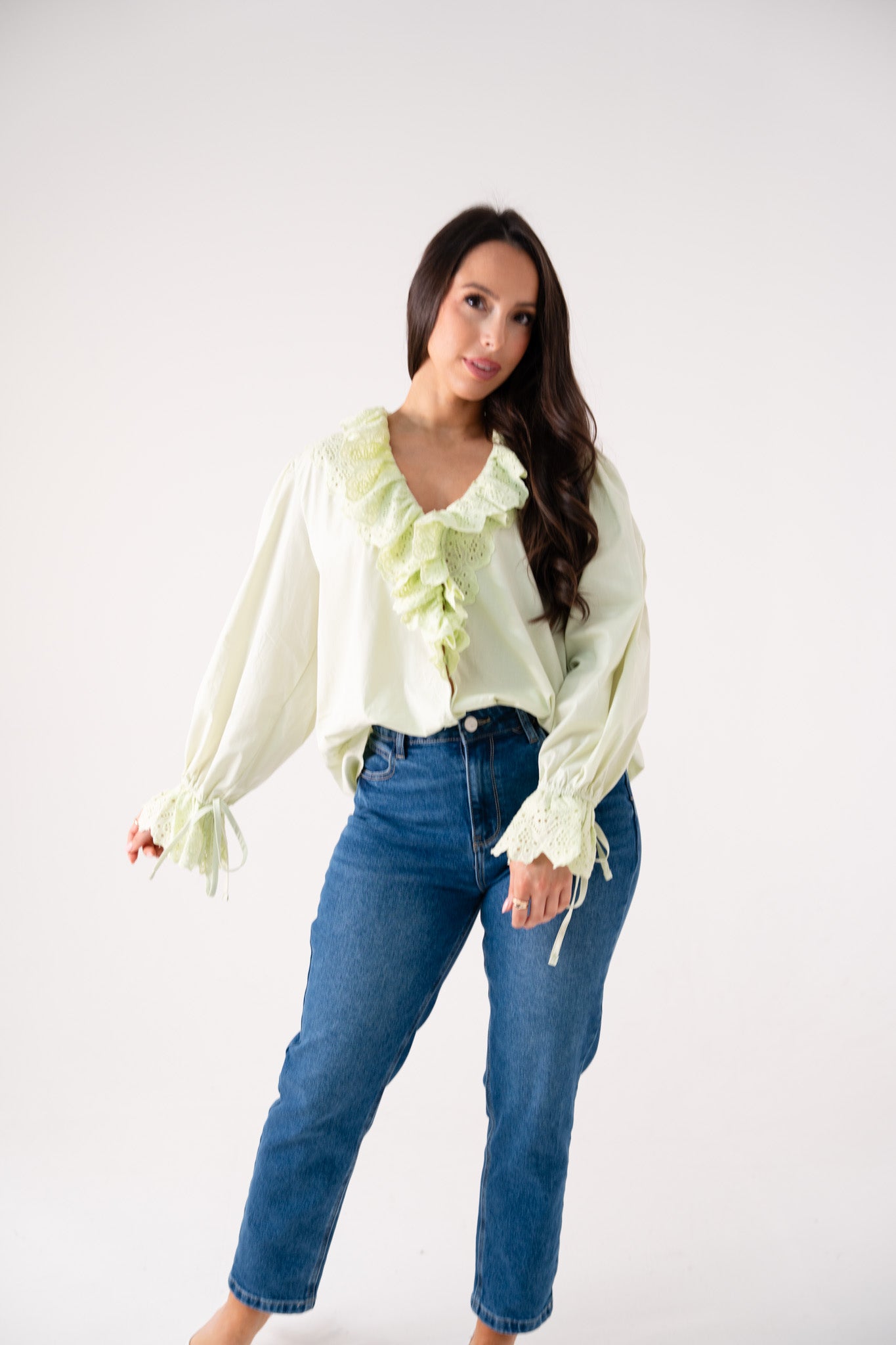 Kiera Ruffle Front Blouse In Green