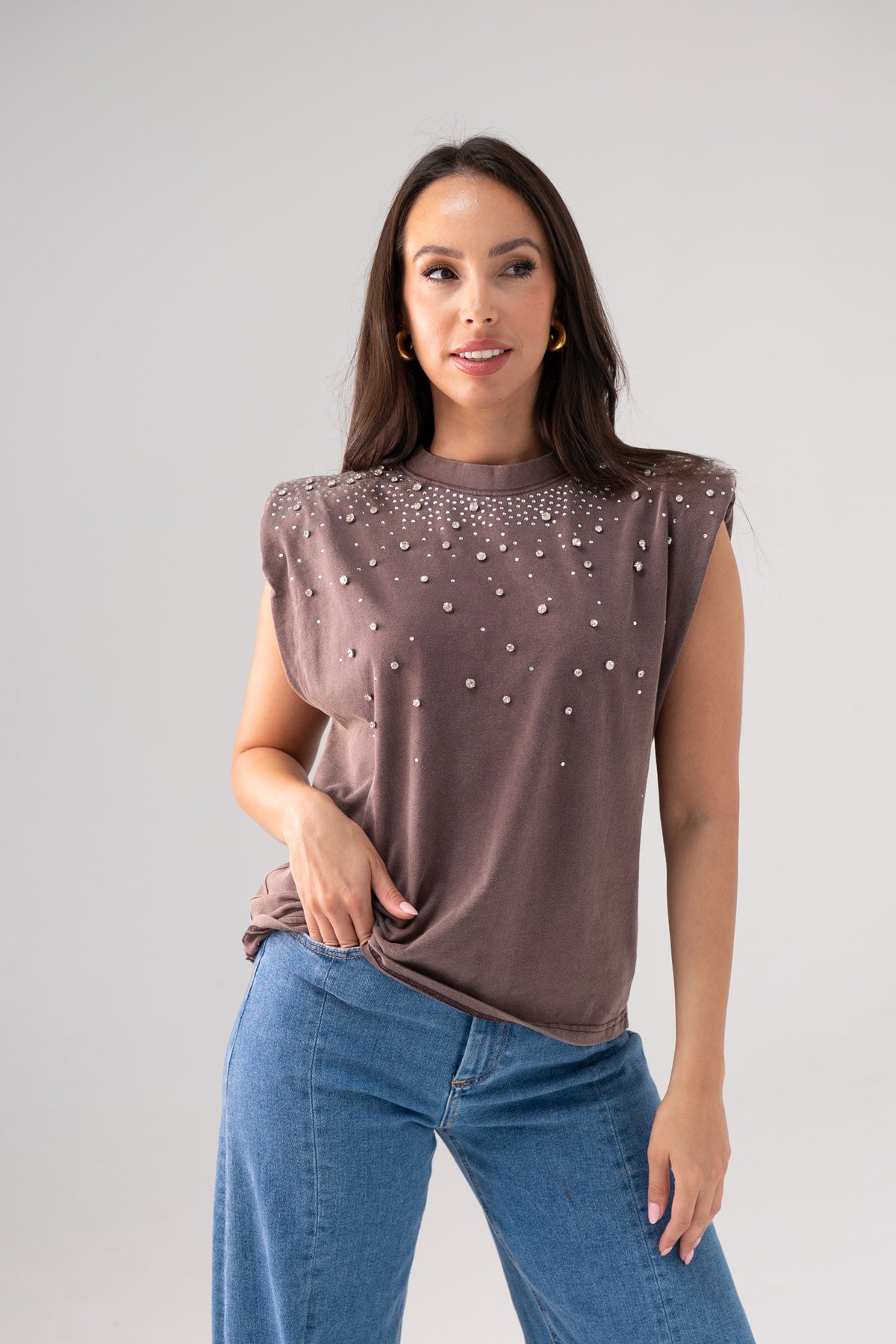 Kiera Embellished Sleeveless Top In Mocha