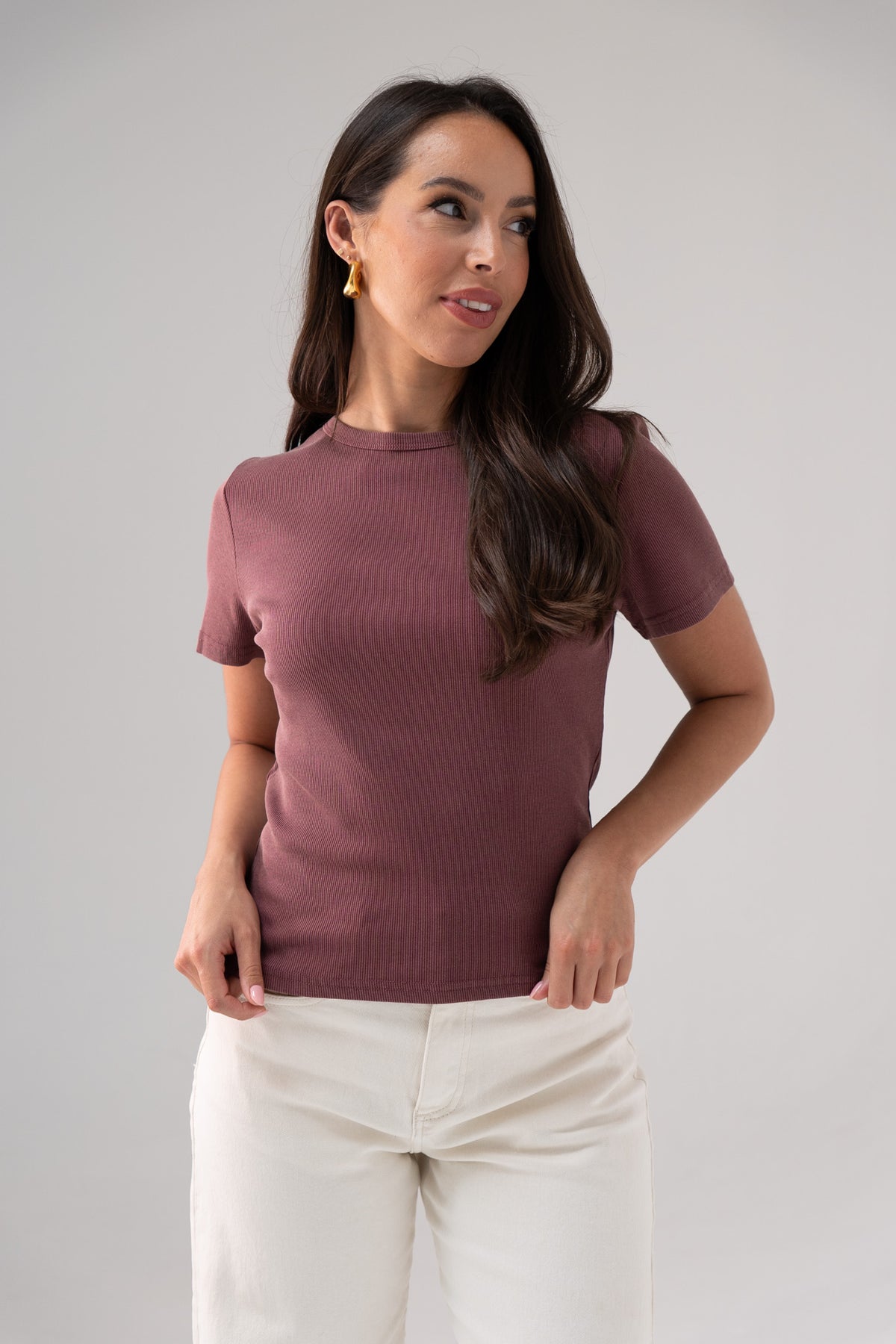 Kiera Ribbed T-Shirt In Bordeaux