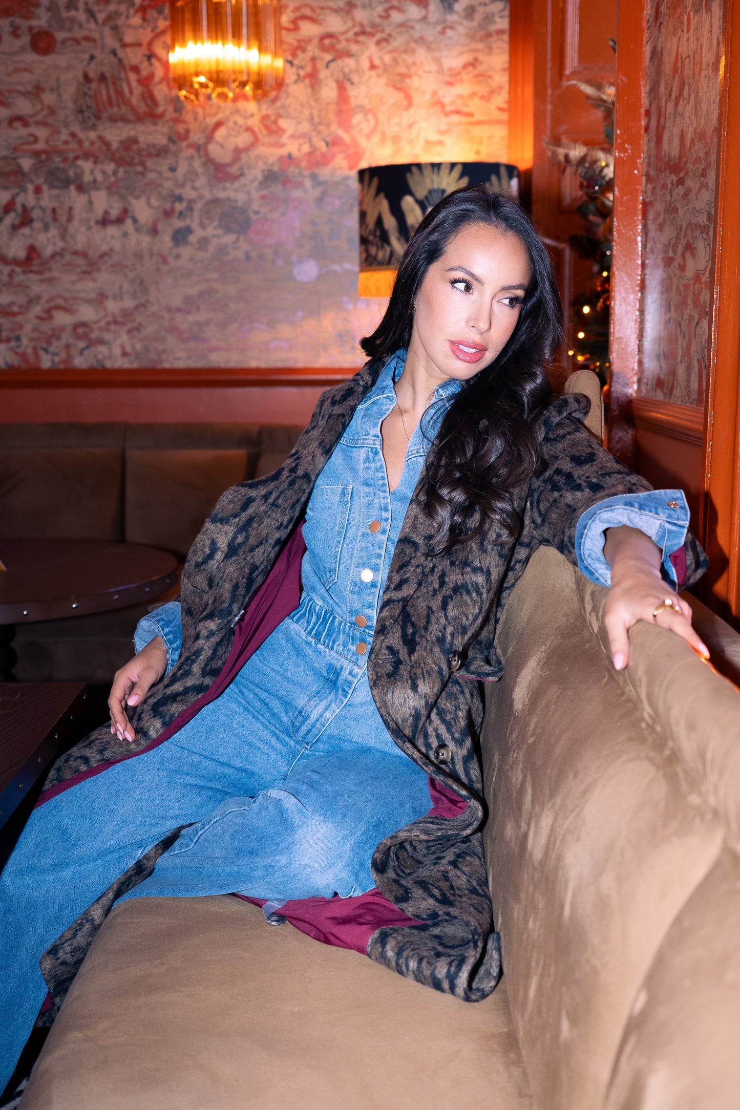 Love Laura Burgundy Lined Coat In Leopard