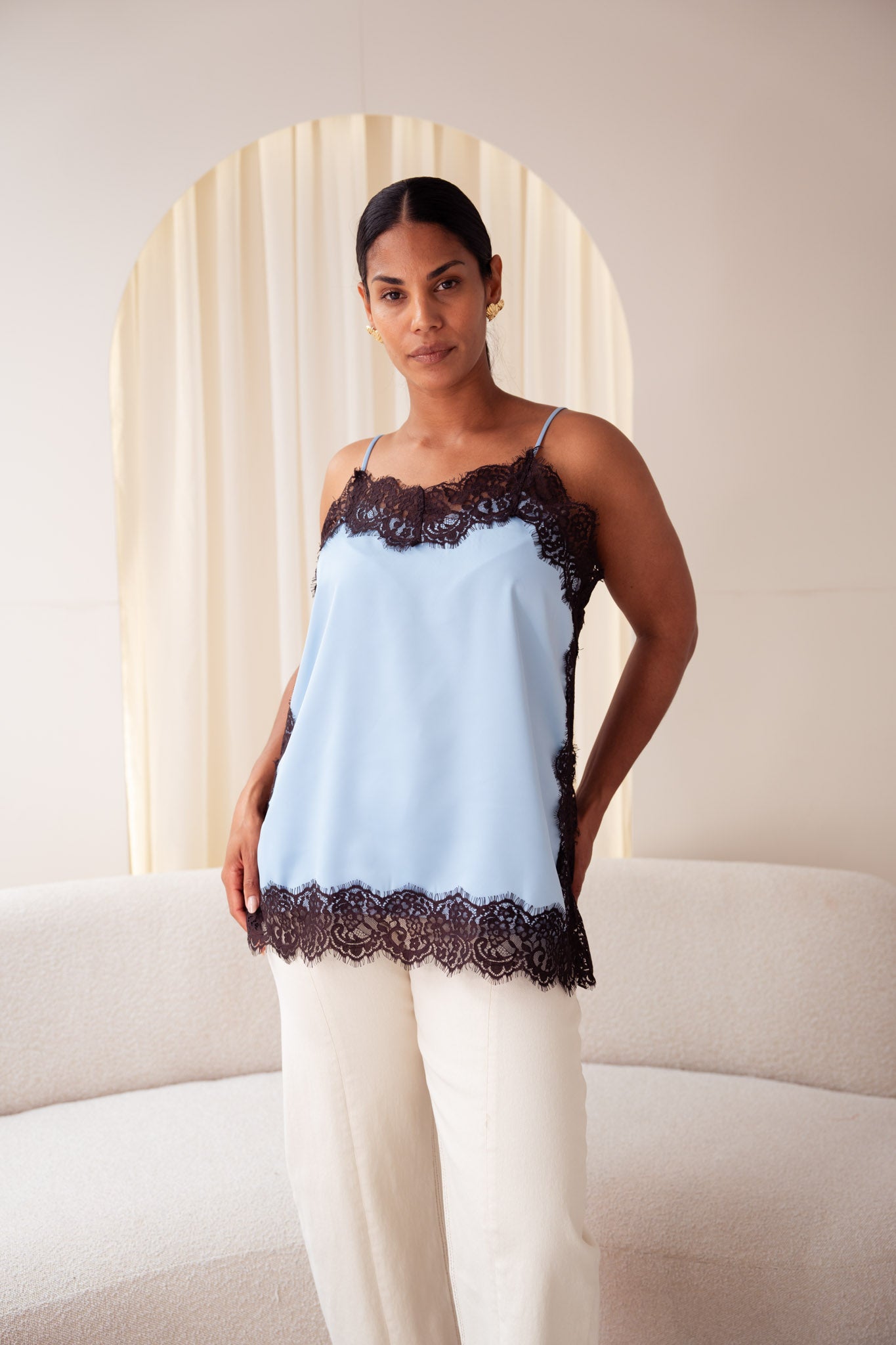 Love Laura Contrast Lace Trim Cami In Blue