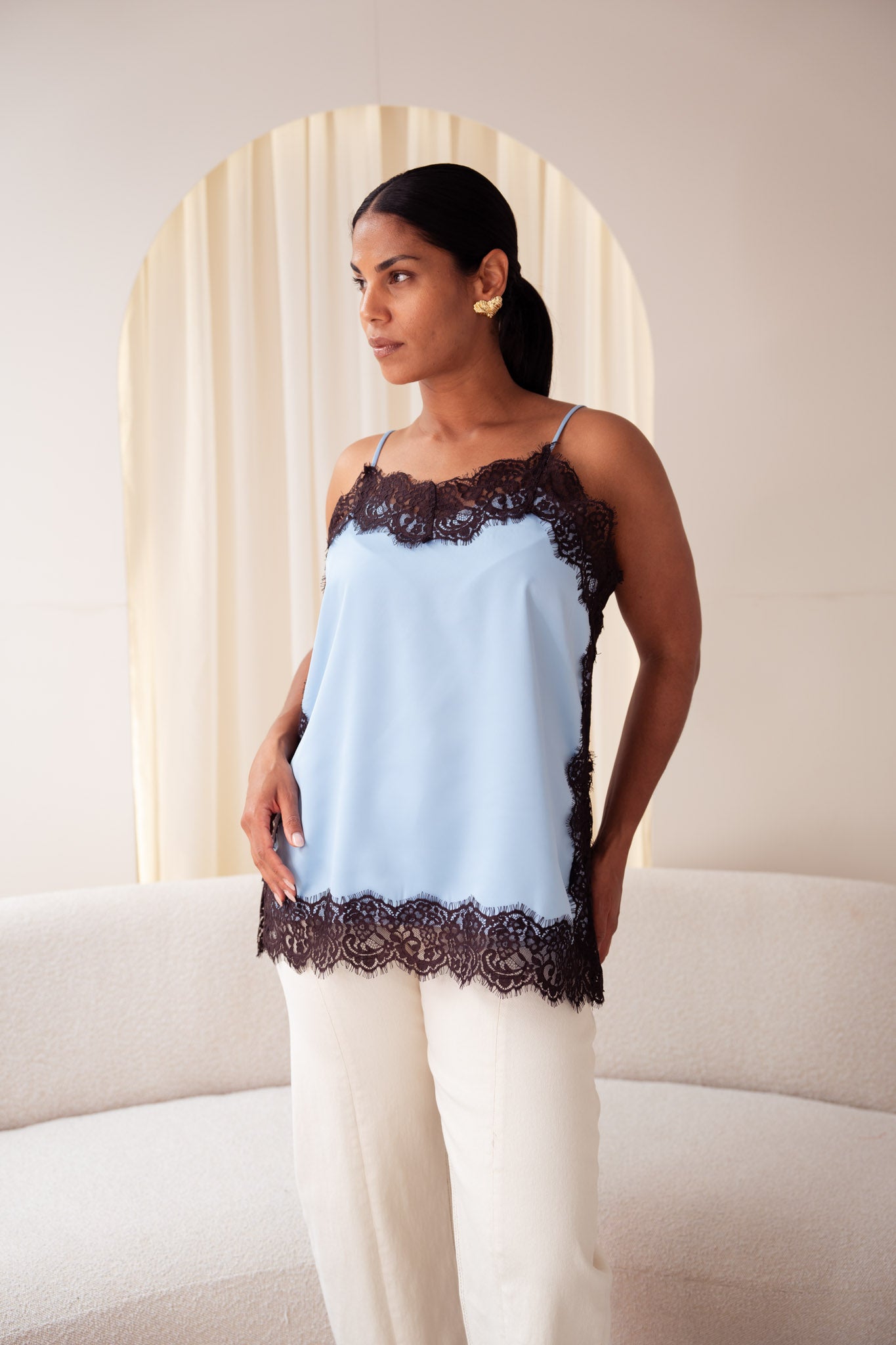 Love Laura Contrast Lace Trim Cami In Blue