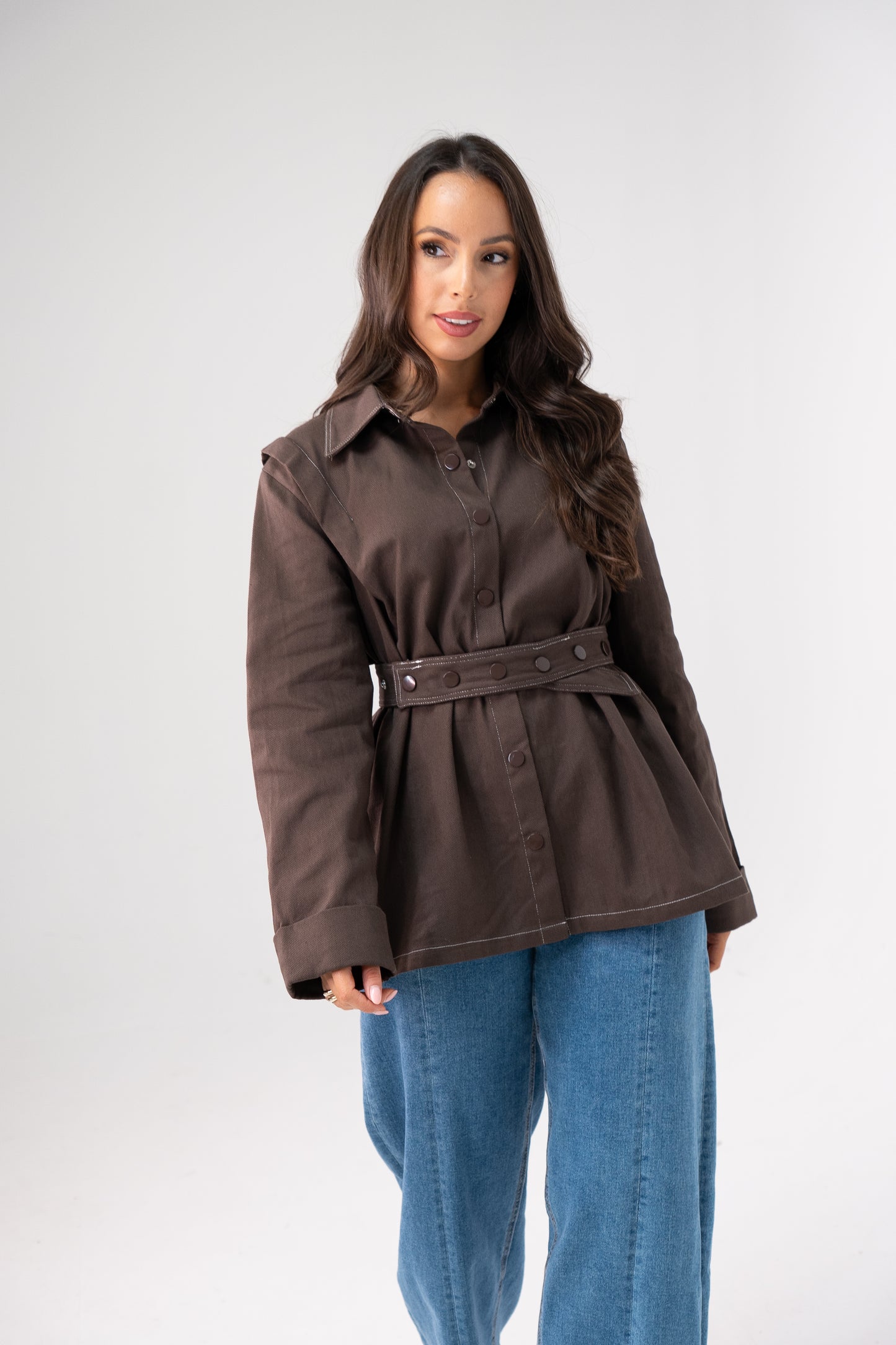 Love Laura Contrast Stitched Shirt In Chocolate