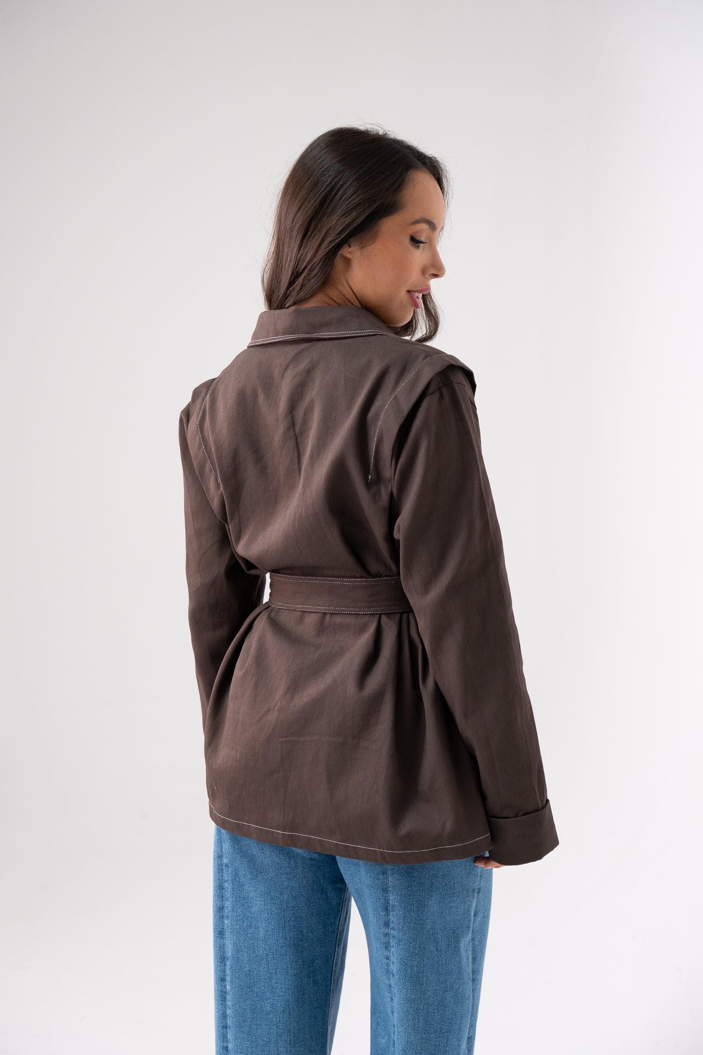 Love Laura Contrast Stitched Shirt In Chocolate