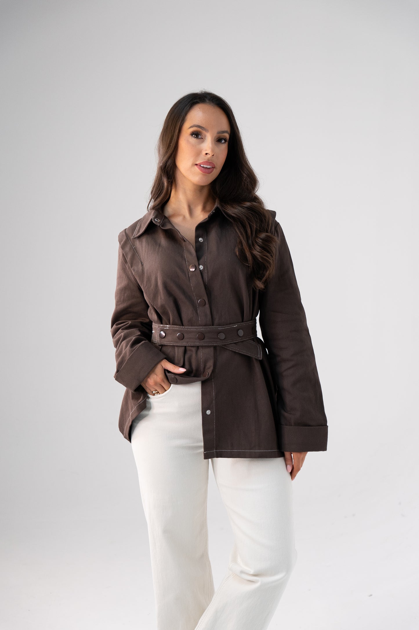 Love Laura Contrast Stitched Shirt In Chocolate