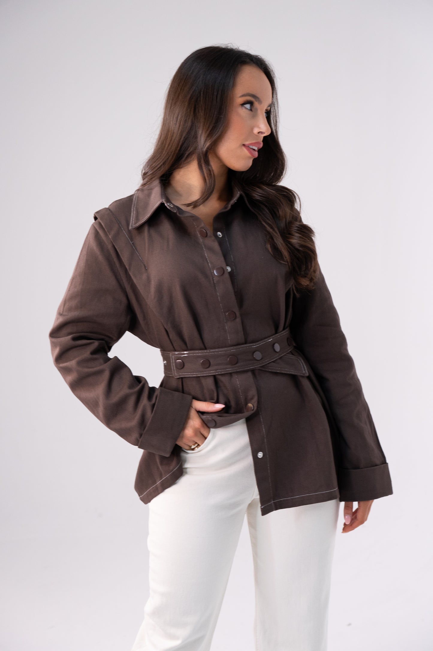 Love Laura Contrast Stitched Shirt In Chocolate