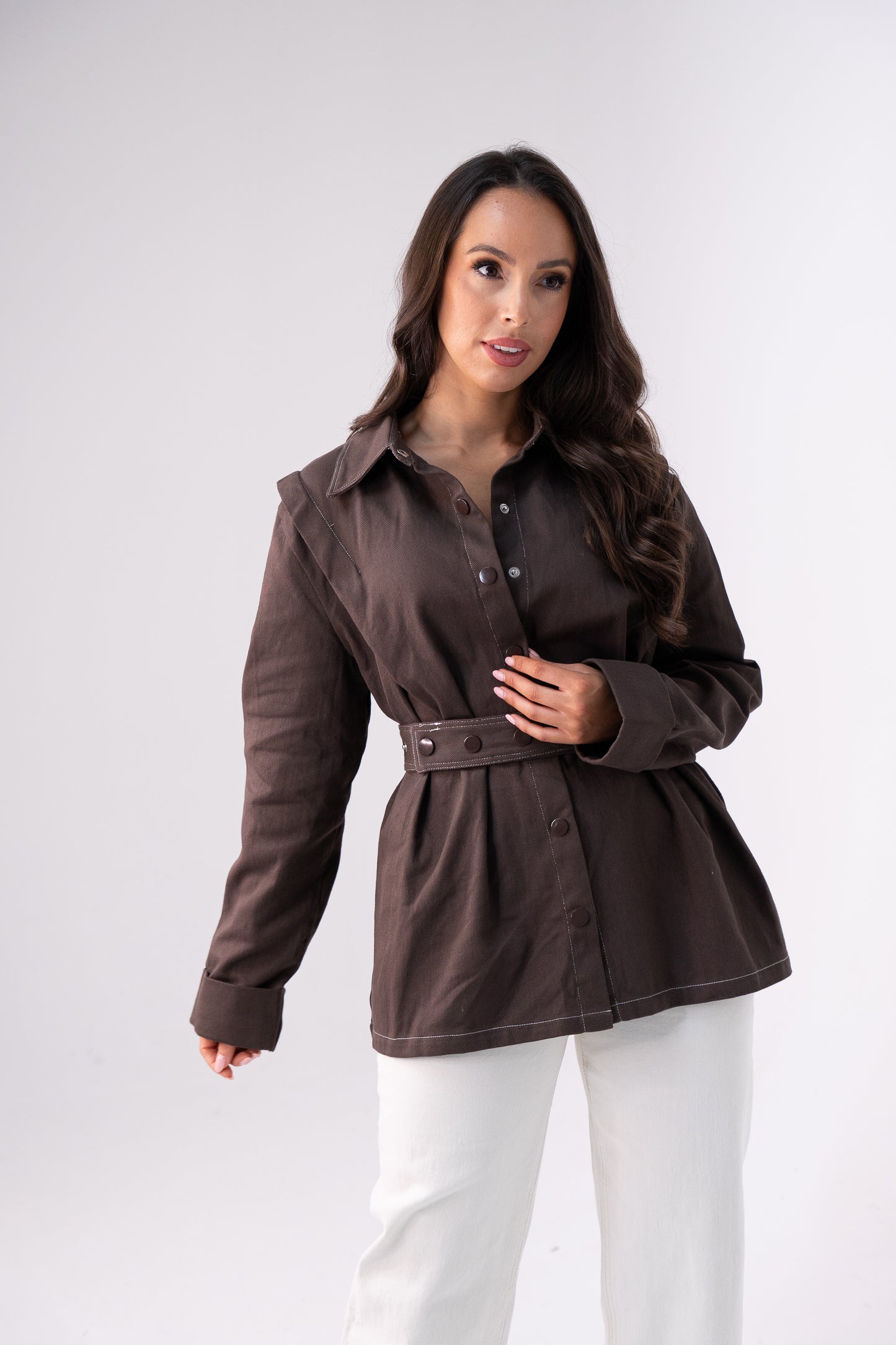 Love Laura Contrast Stitched Shirt In Chocolate