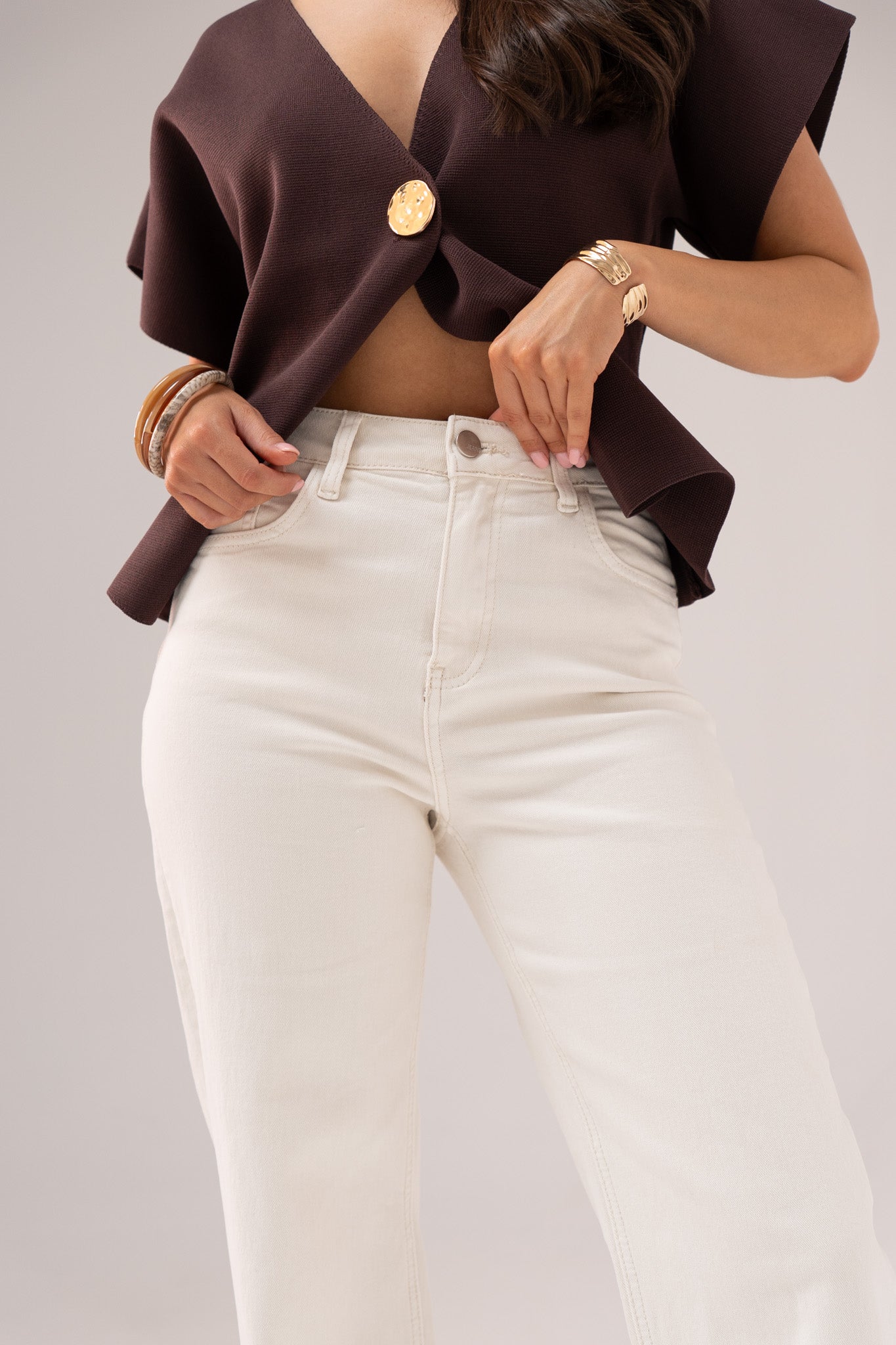 Love Laura Chocolate Trim Turn Up Jeans In Cream