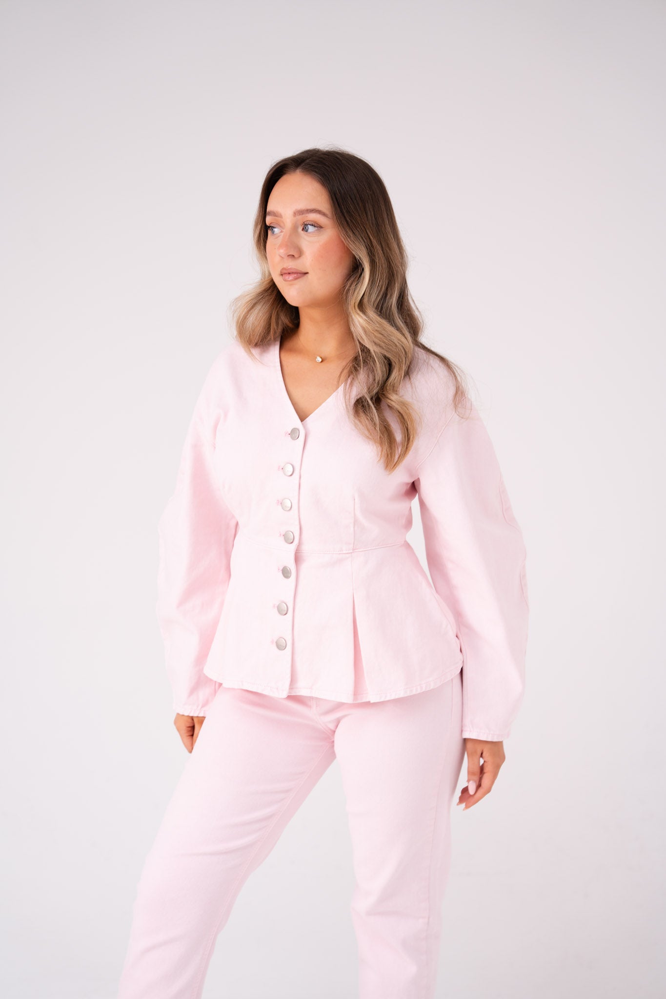 Love Laura Peplum Denim Top In Pink