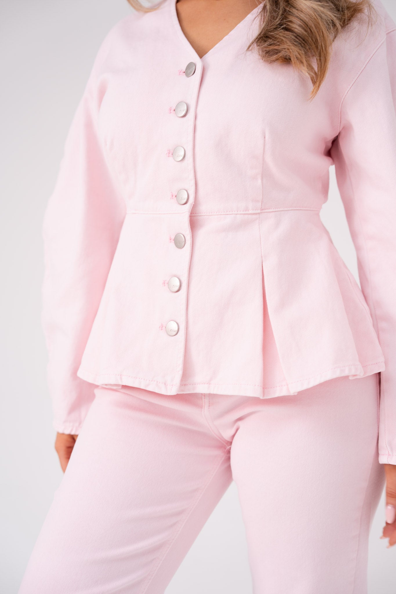 Love Laura Peplum Denim Top In Pink