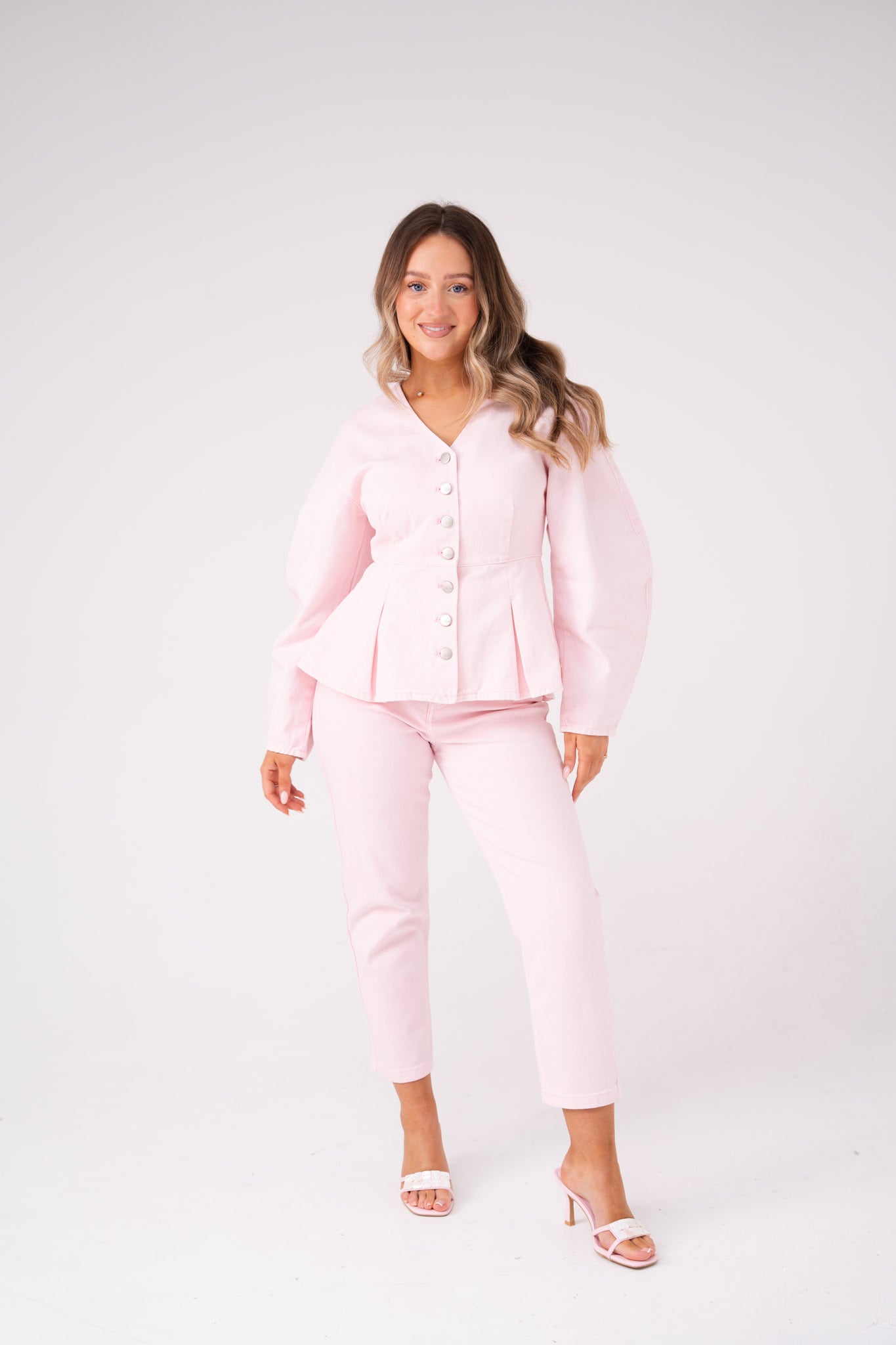 Love Laura Peplum Denim Top In Pink