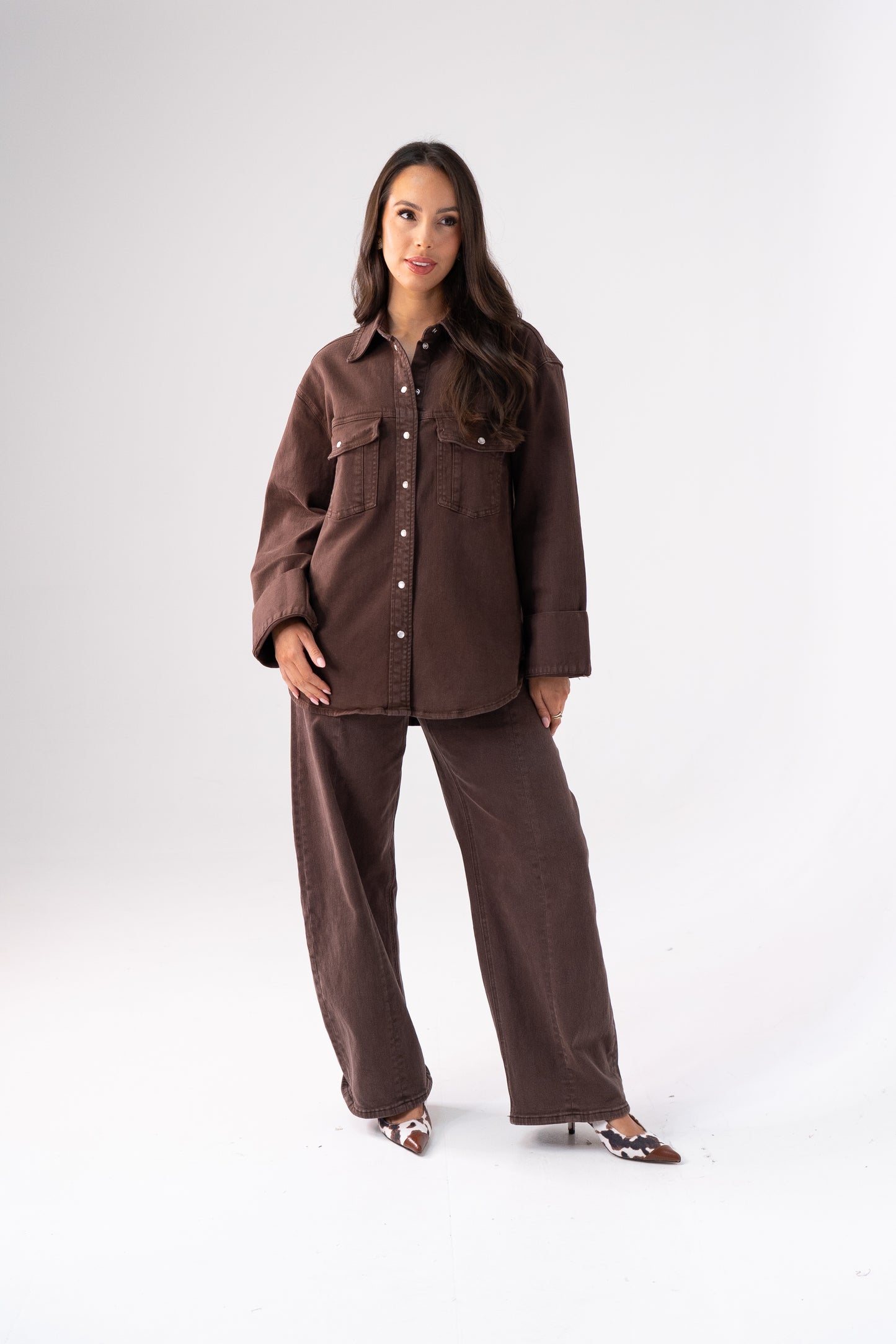 Love Laura Denim Shacket In Chocolate