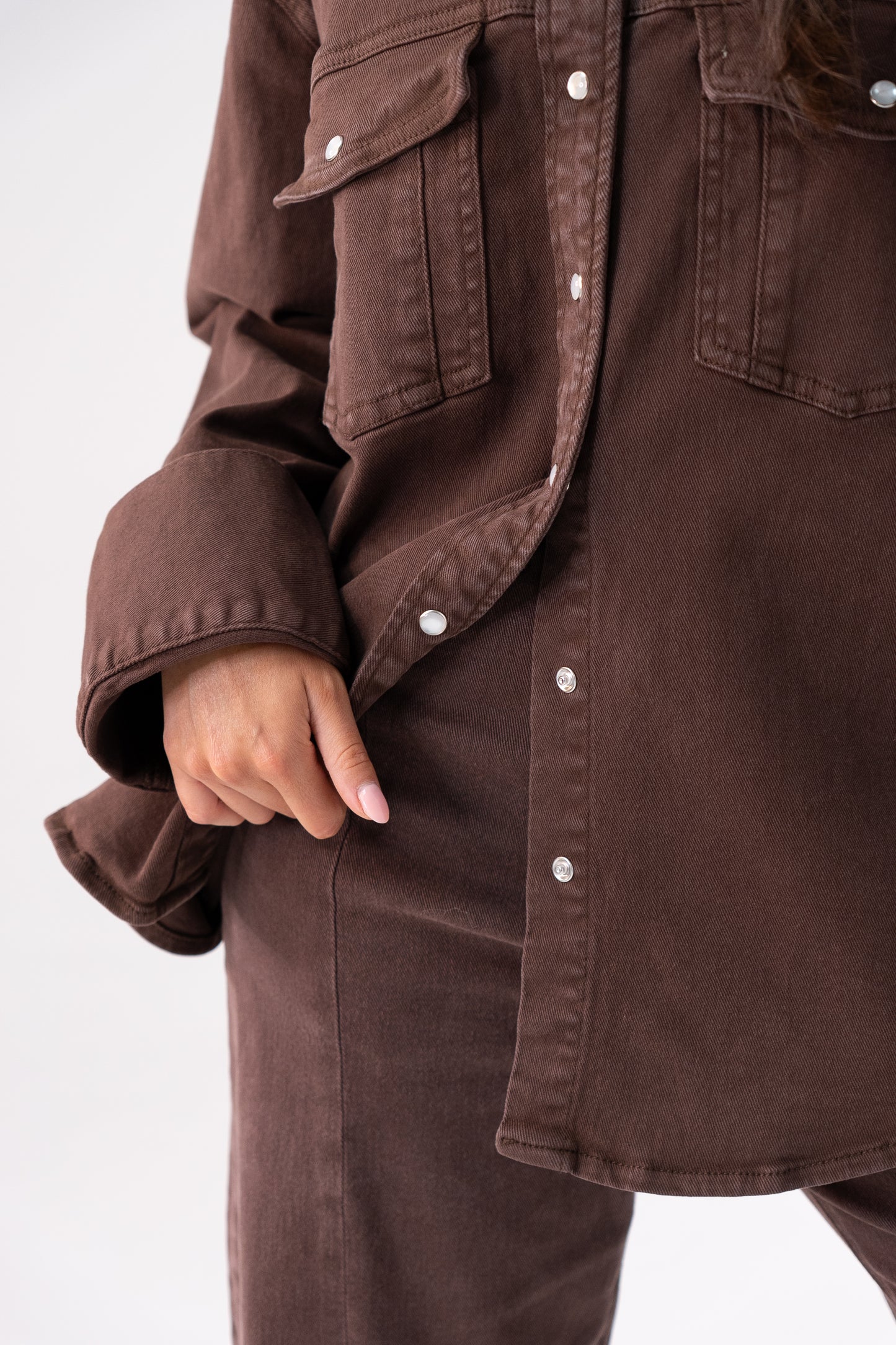 Love Laura Denim Shacket In Chocolate