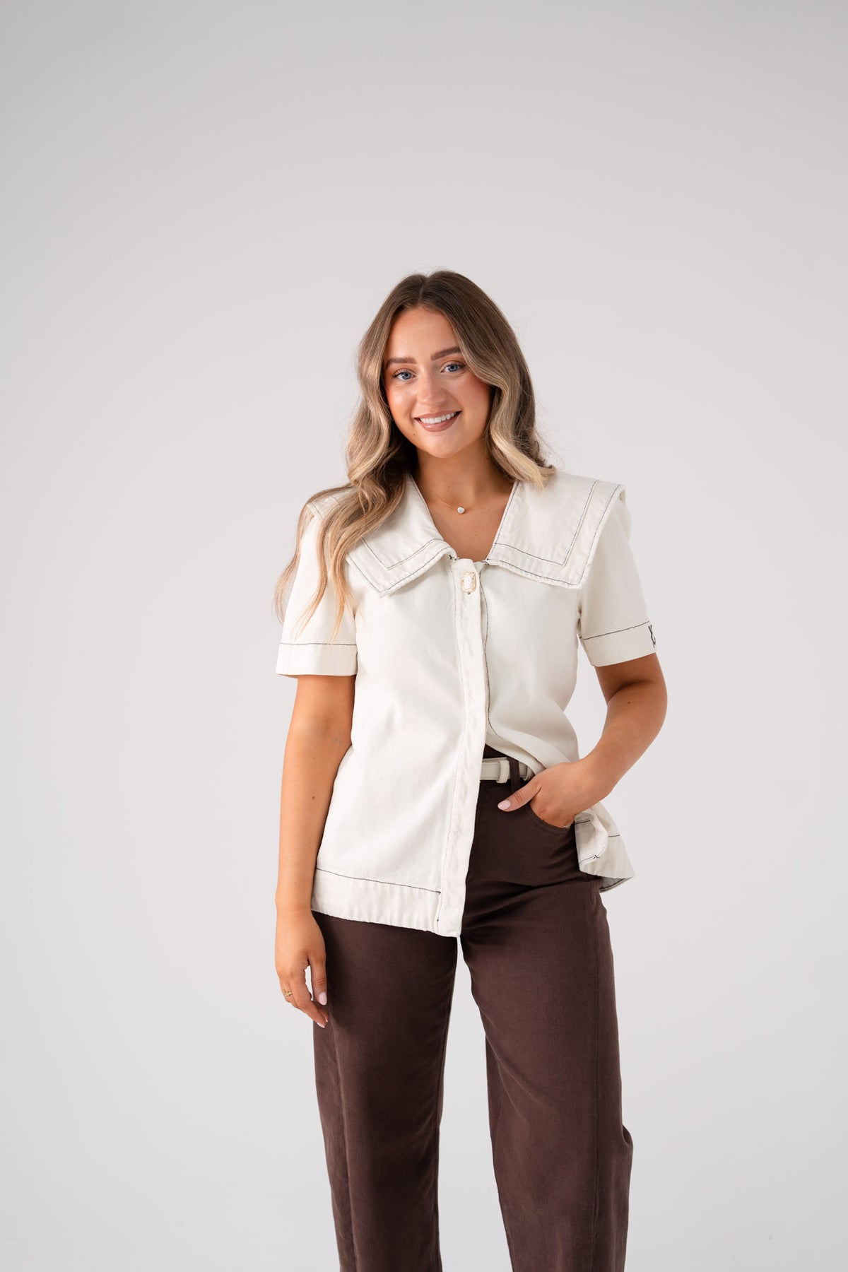 Love Laura Statement Collar Top In Cream