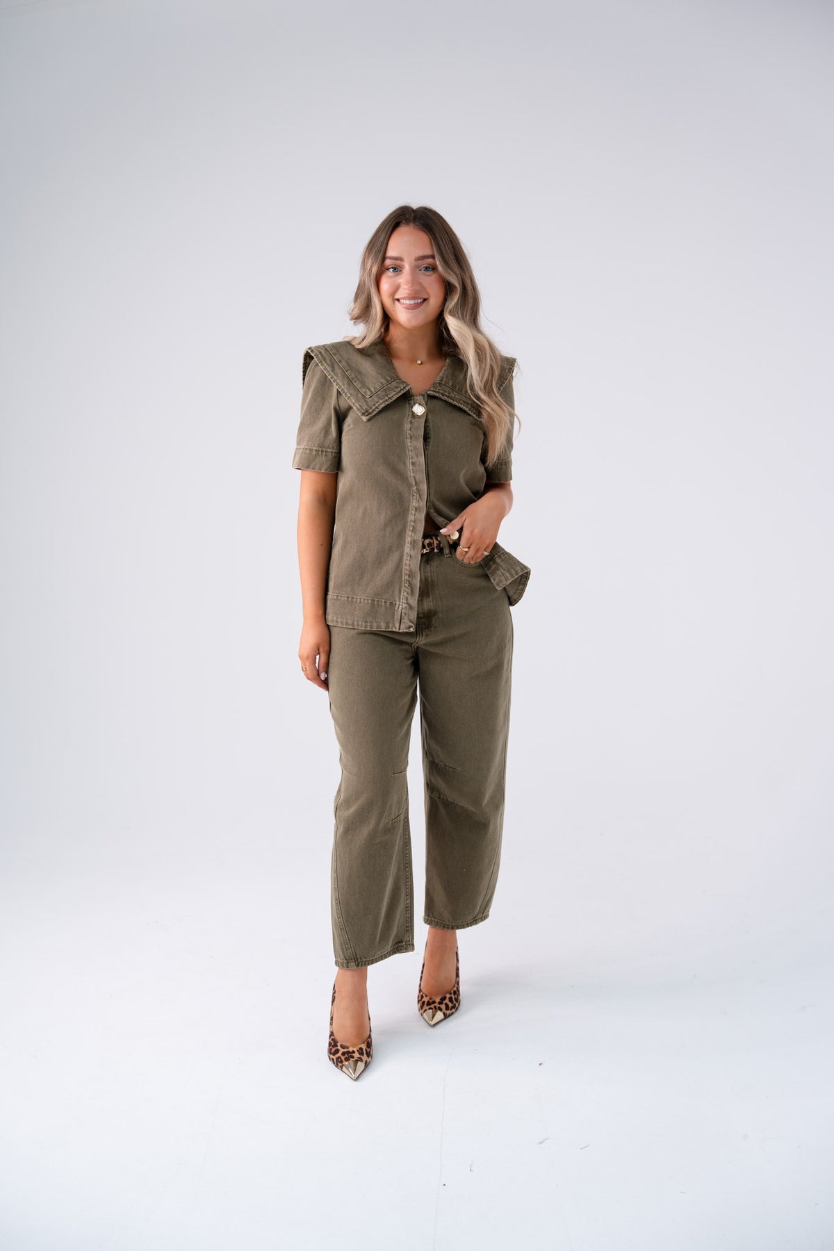 Love Laura Statement Collar Top In Olive