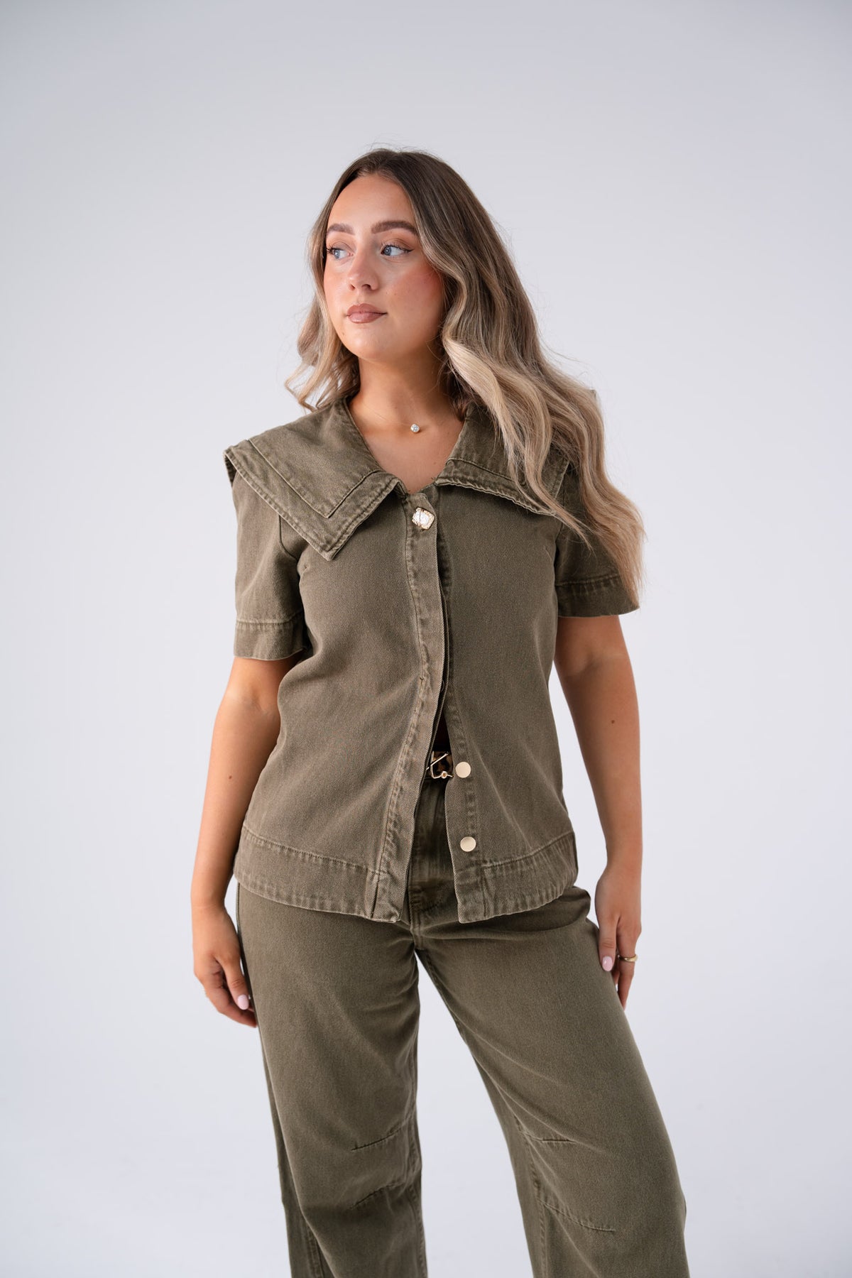 Love Laura Statement Collar Top In Olive