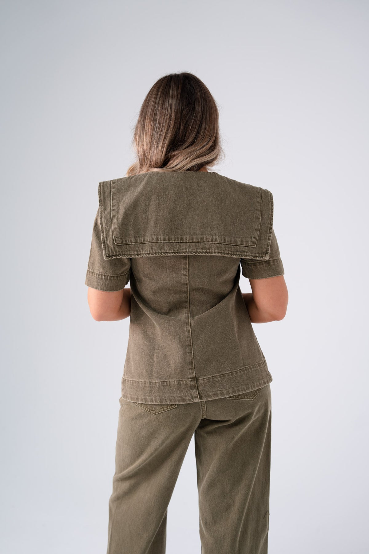 Love Laura Statement Collar Top In Olive