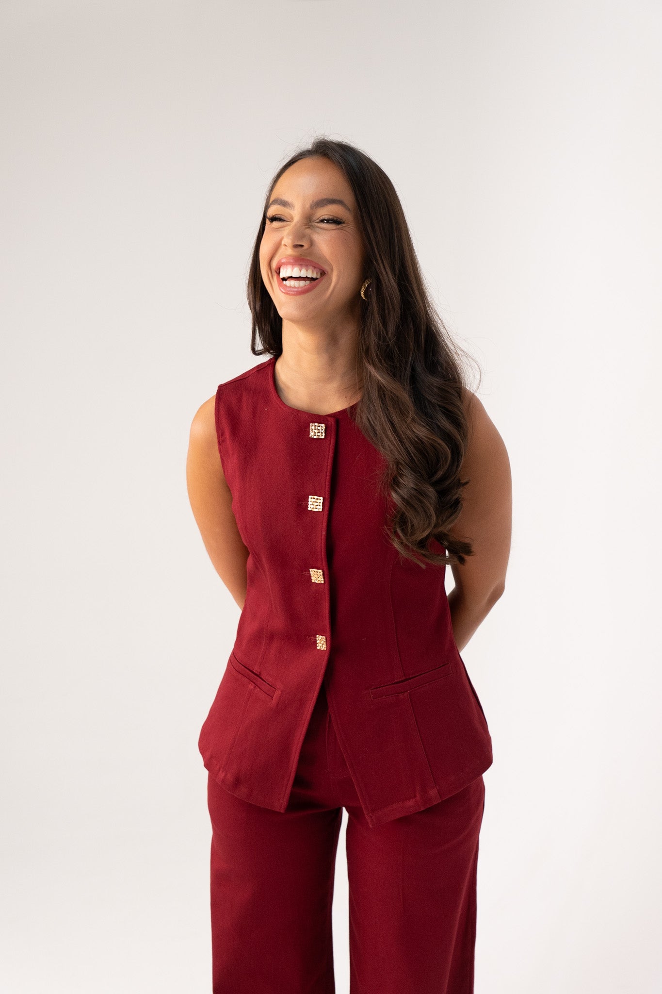 Love Laura Denim Waistcoat In Burgundy