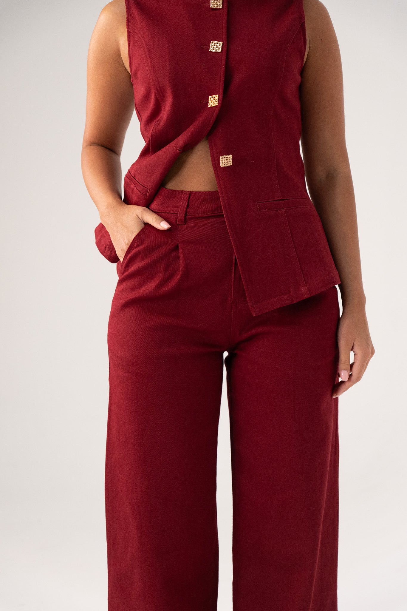 Love Laura Denim Waistcoat In Burgundy