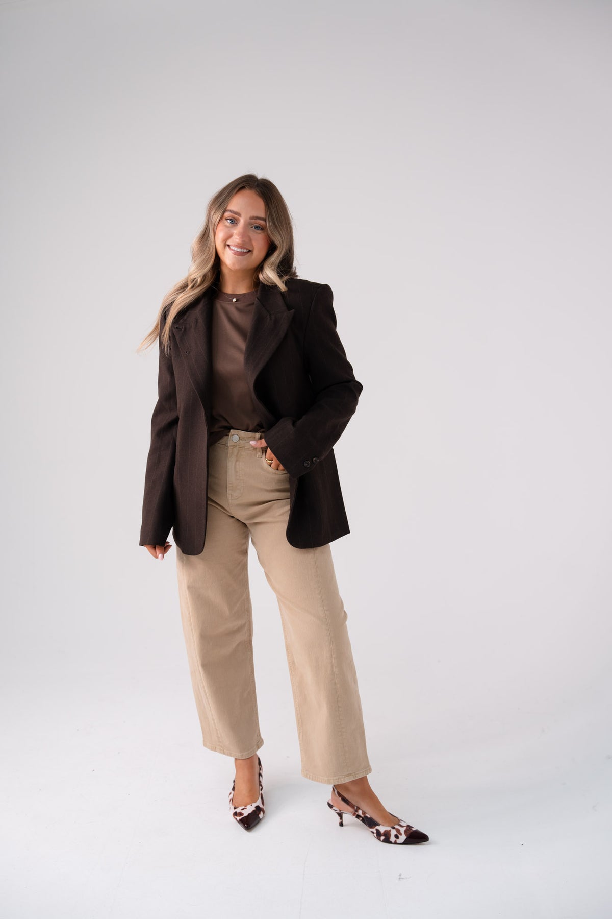 Love Laura Pinstripe Mandarin Collar Blazer In Chocolate
