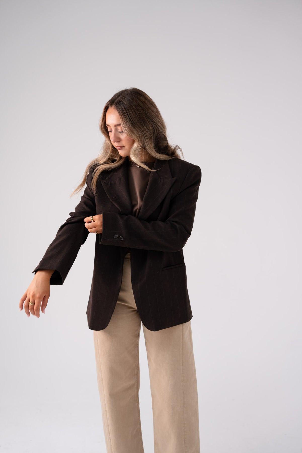 Love Laura Pinstripe Mandarin Collar Blazer In Chocolate