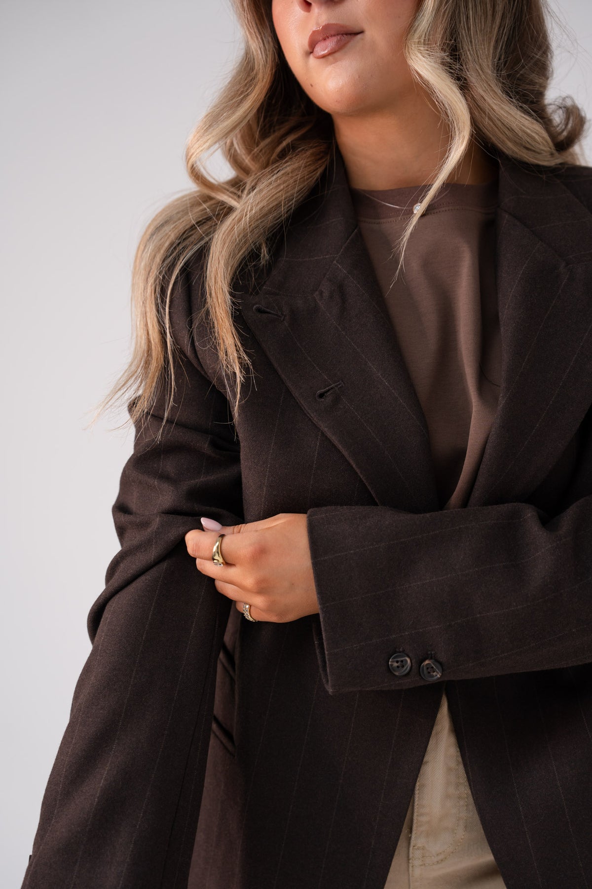 Love Laura Pinstripe Mandarin Collar Blazer In Chocolate