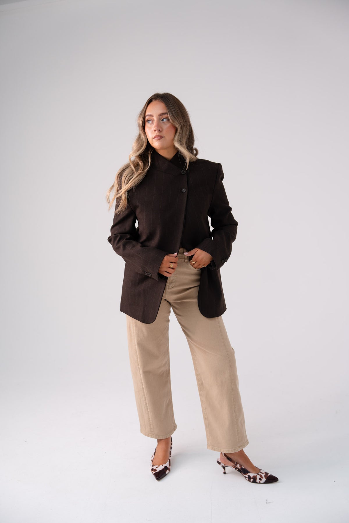 Love Laura Pinstripe Mandarin Collar Blazer In Chocolate