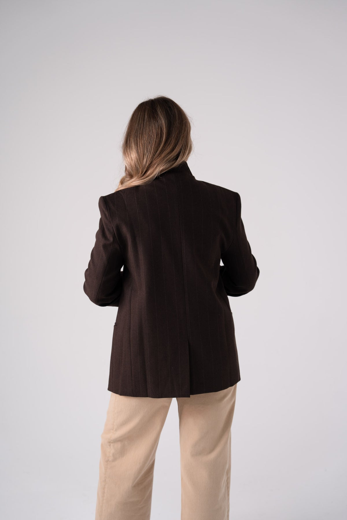 Love Laura Pinstripe Mandarin Collar Blazer In Chocolate