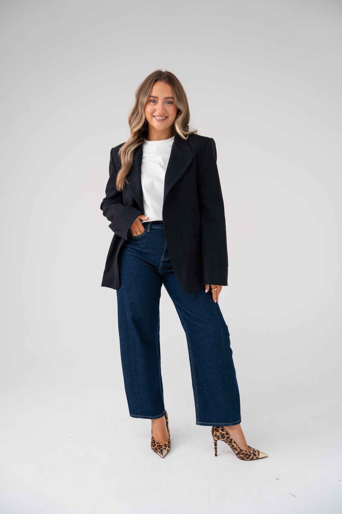 Love Laura Pinstripe Mandarin Collar Blazer In Navy