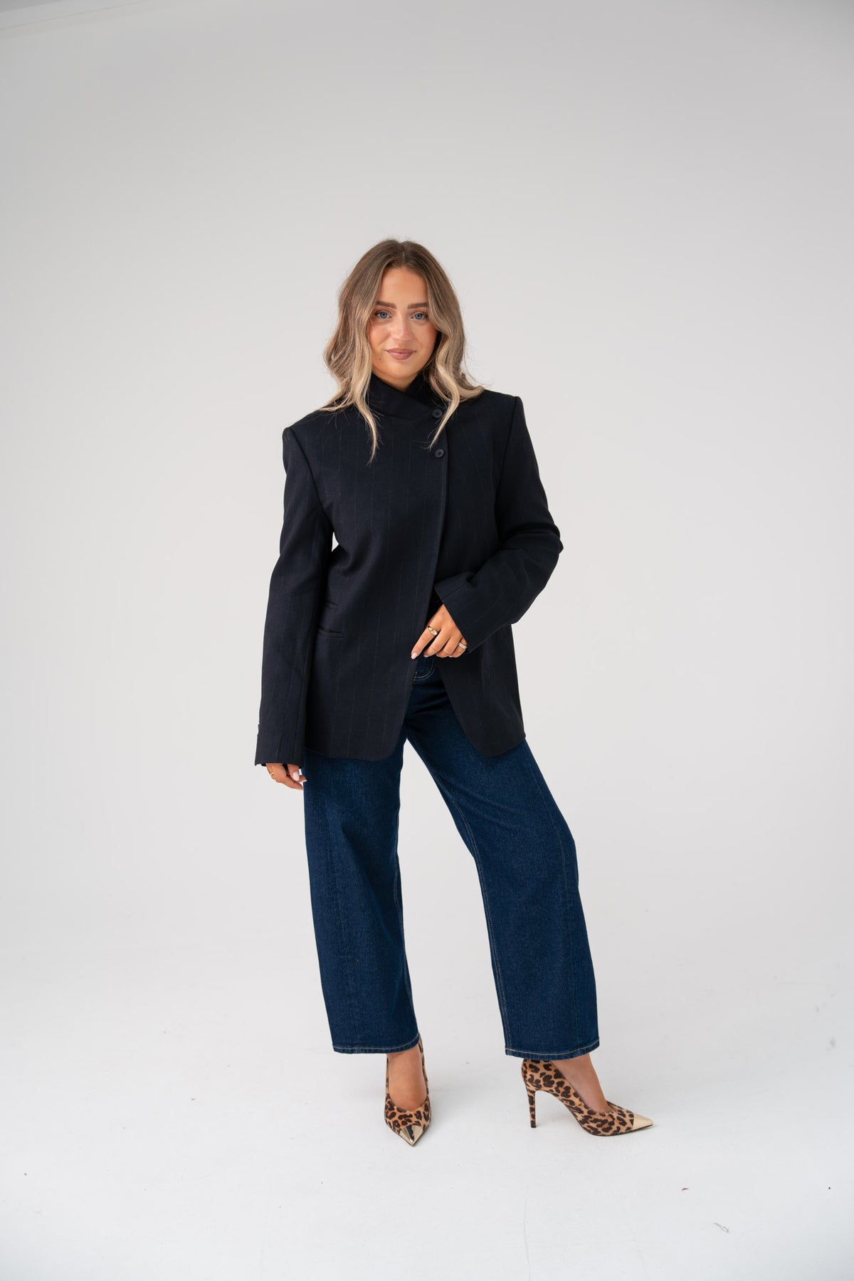 Love Laura Pinstripe Mandarin Collar Blazer In Navy